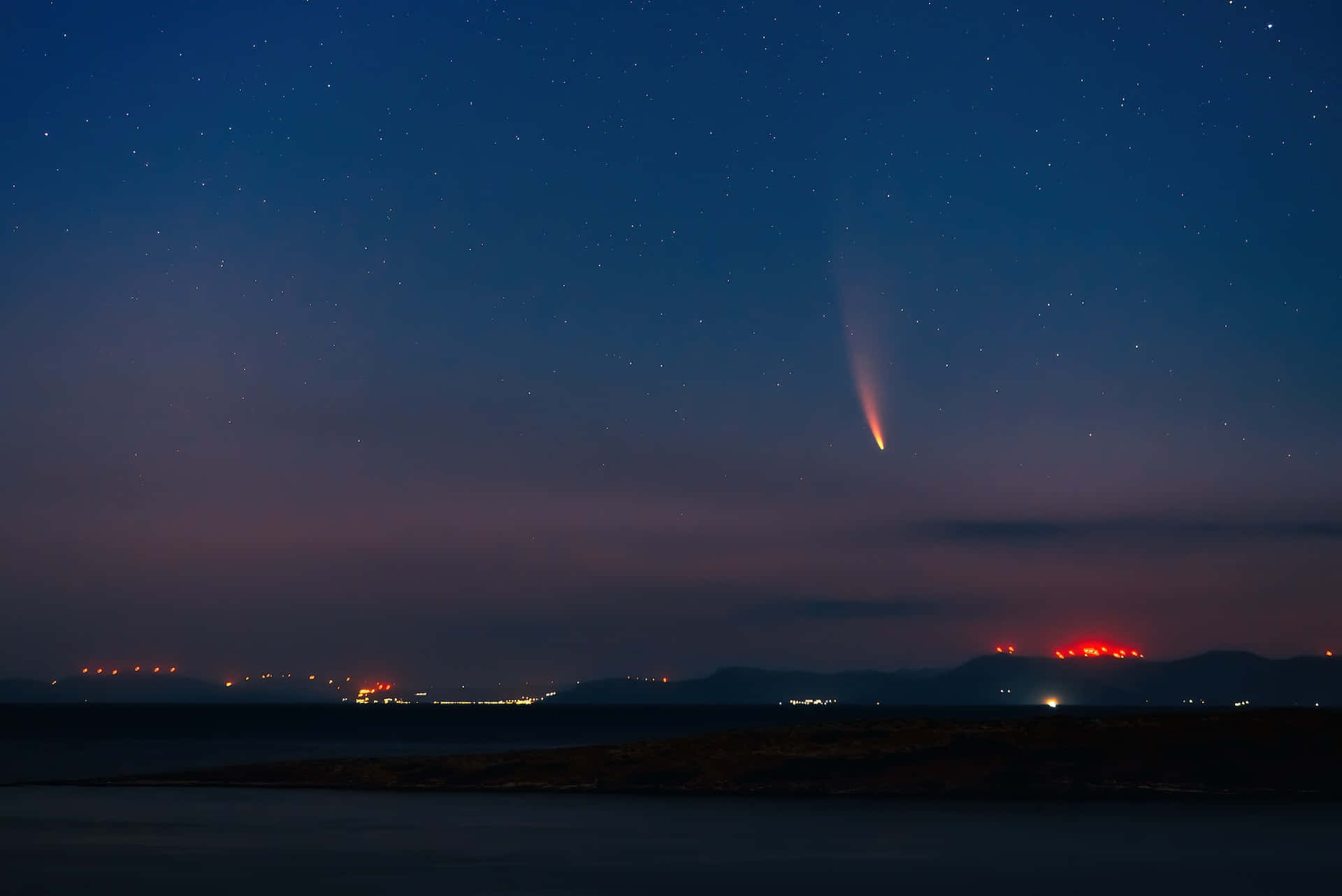 comet, starry twilight sky, dark coastal landscape, Full HD Desktop Wallpaper