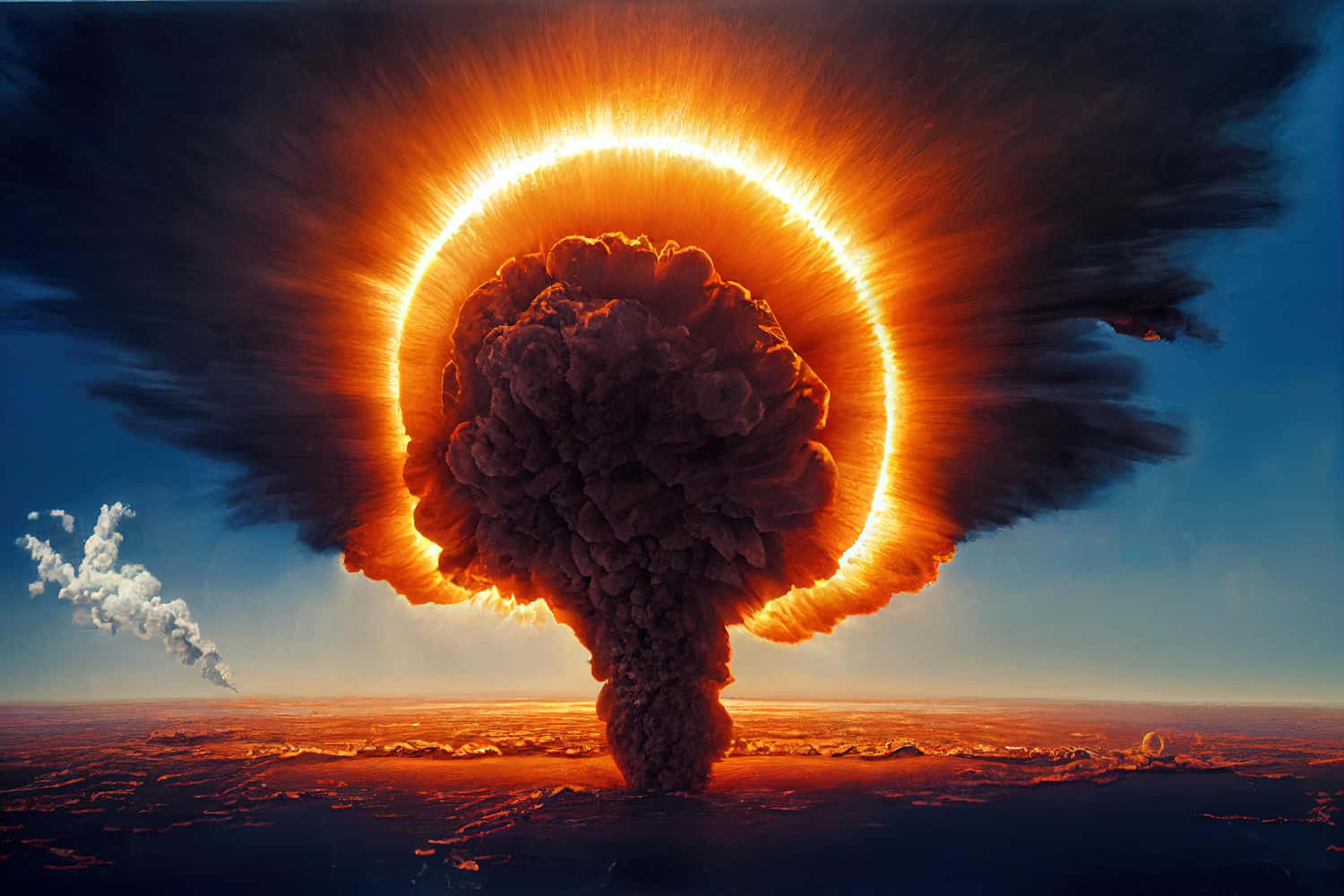 nuclear explosion, desert landscape, orange glow, HD Desktop Wallpaper