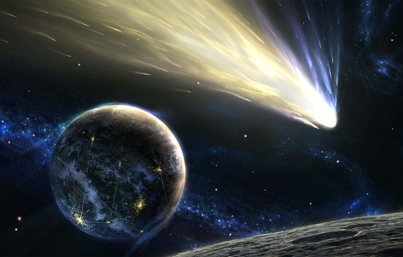 Comet, planet with city lights, starry cosmic backdrop, HD Desktop Wallpaper