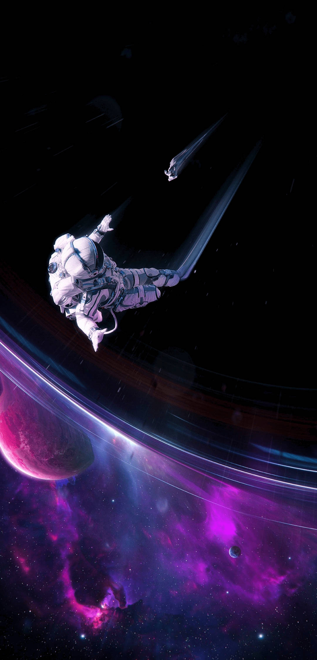 astronaut, glowing purple nebula, ringed planet, Full HD Phone Wallpaper