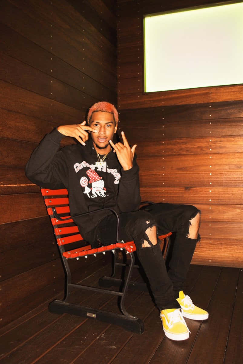 Comethazine, pink hair, red bench, SD Phone Wallpaper
