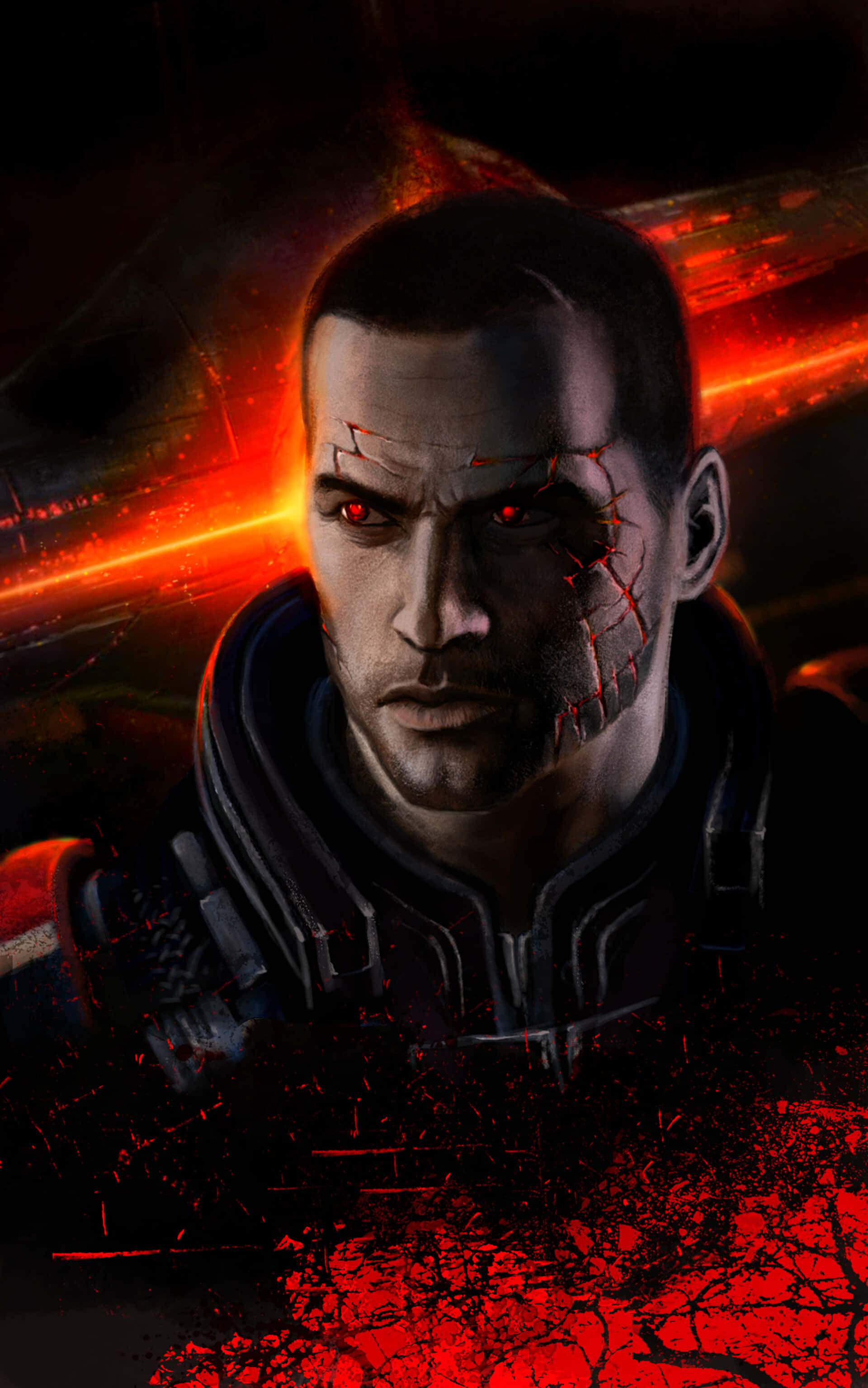 Commander Shepard, glowing red eyes, cracked face, 2K Phone Wallpaper