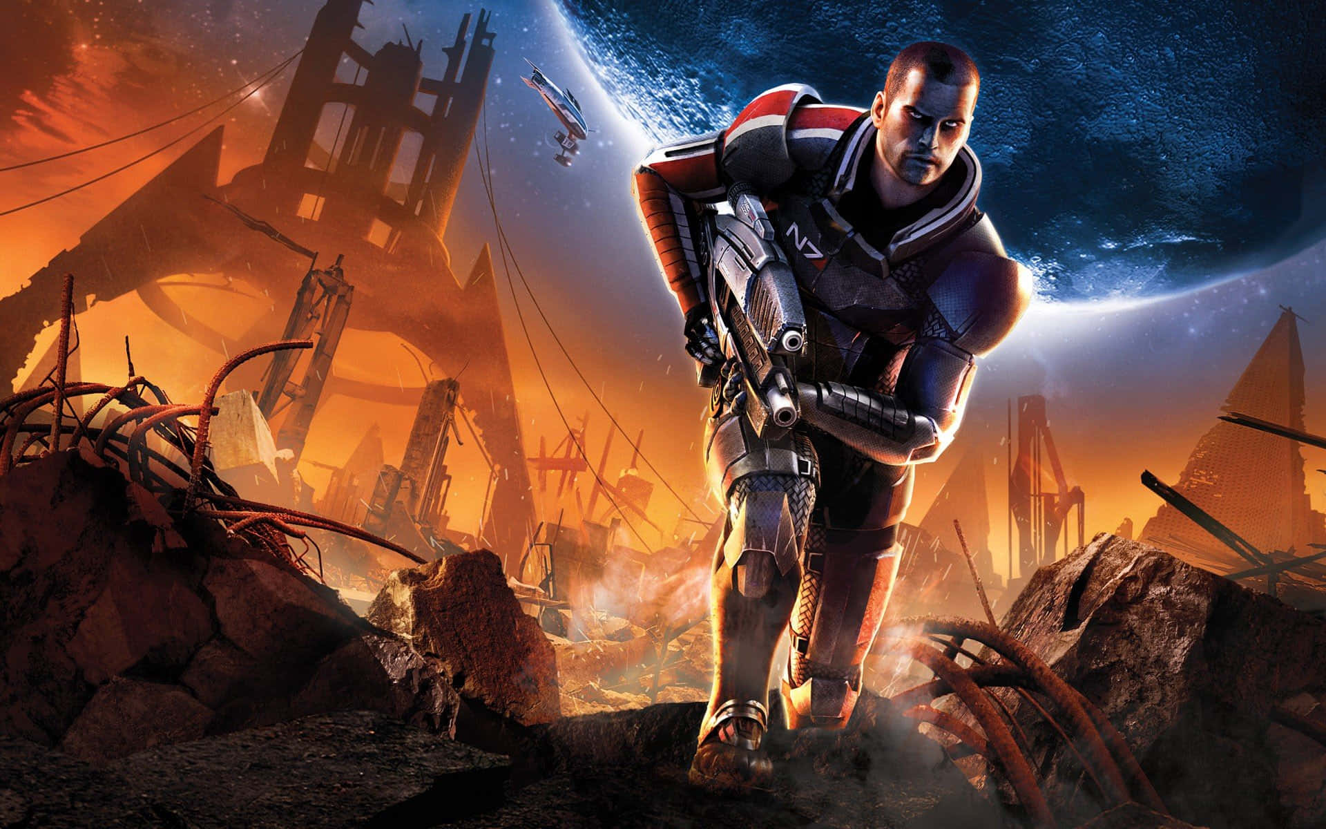 Commander Shepard, futuristic armor, ruined alien cityscape, Full HD Desktop Wallpaper