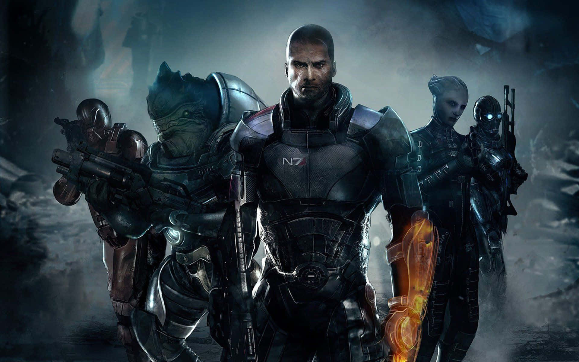 Commander Shepard, armored space soldiers, misty alien ruin, Full HD Desktop Wallpaper