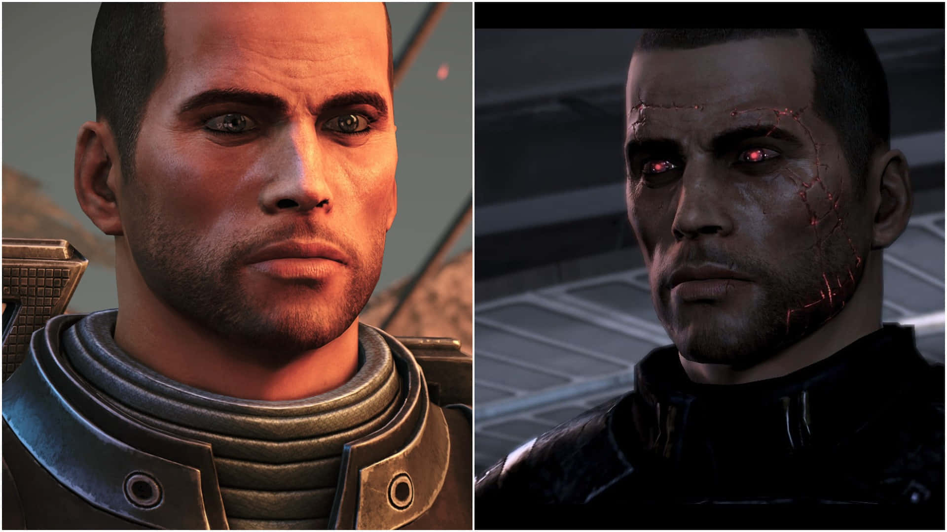 Commander Shepard, futuristic armor, glowing red eyes, Full HD Desktop Wallpaper
