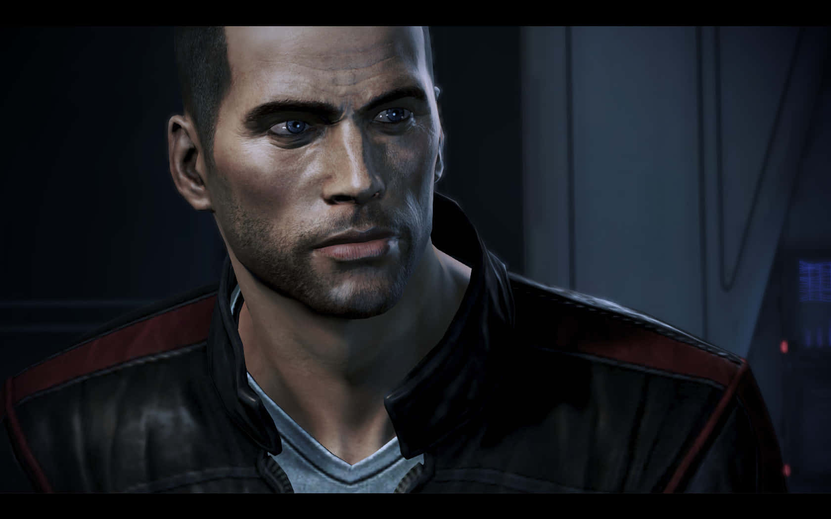 Commander Shepard, black and red jacket, blue eyes, HD Desktop Wallpaper