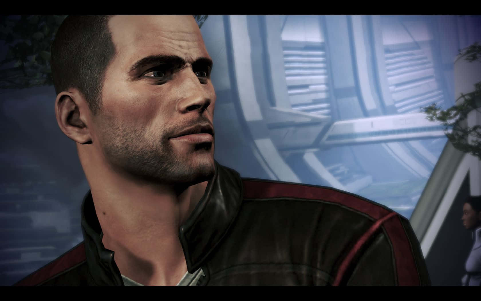 Commander Shepard, black and red jacket, futuristic blue metallic background, HD Desktop Wallpaper