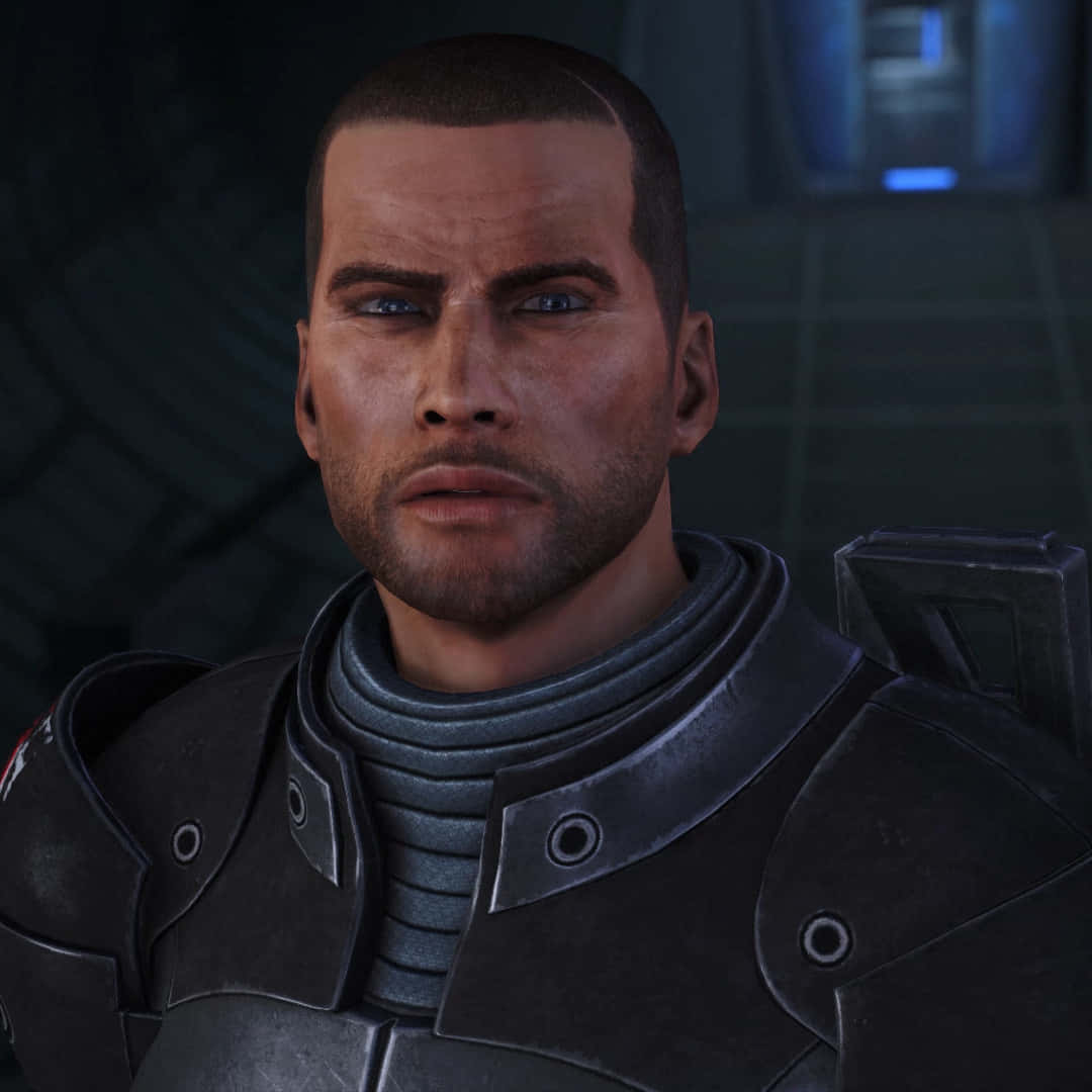 Commander Shepard, dark futuristic armor, glowing blue eyes, SD Desktop Wallpaper