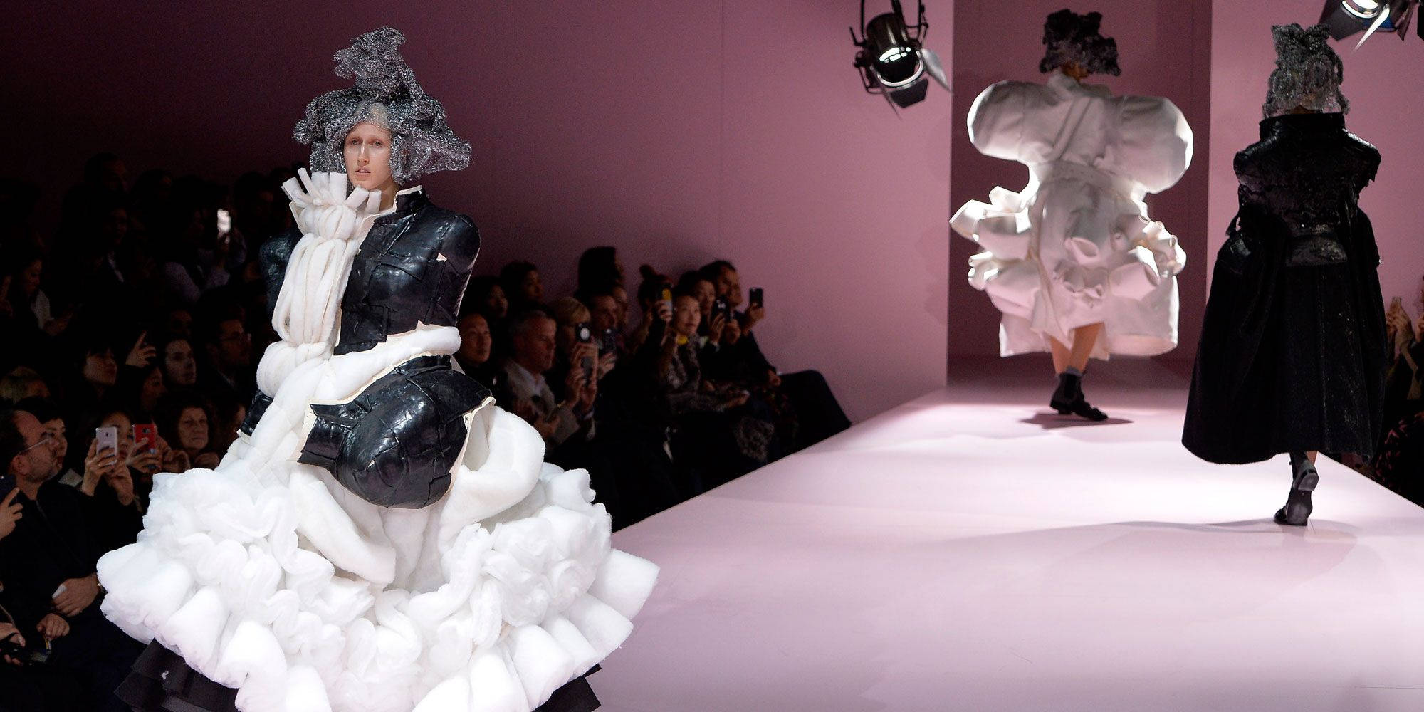 Comme Des Garçons, black and white garments, sculptural ruffles, Full HD Desktop Wallpaper