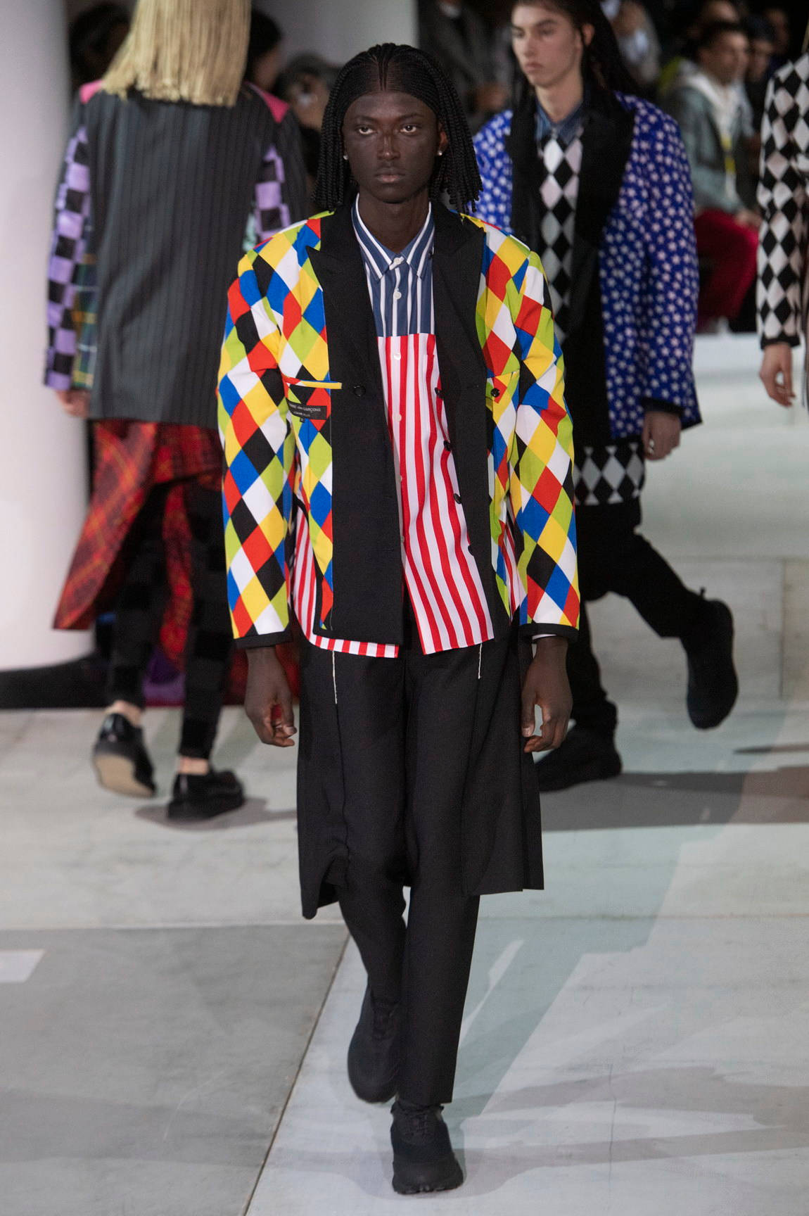 Comme Des Garçons, colorful diamond-patterned jacket, red white striped shirt, HD Phone Wallpaper