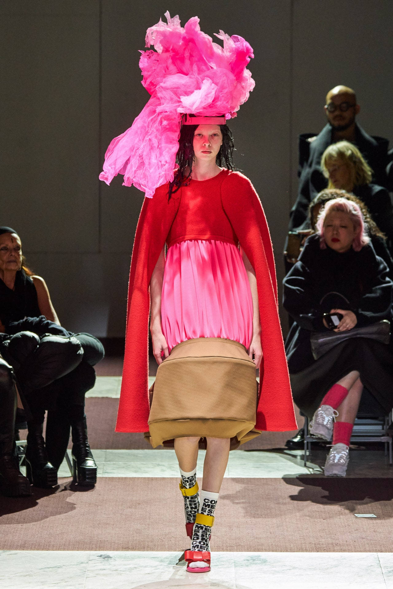 Comme Des Garçons, red cape, pink pleated dress, Full HD Phone Wallpaper