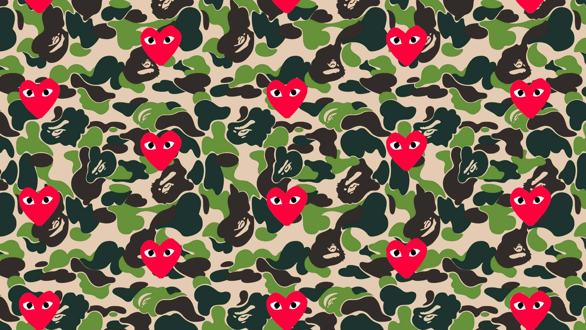 Comme Des Garçons, hearts camouflage, red heart faces, Full HD Desktop Wallpaper