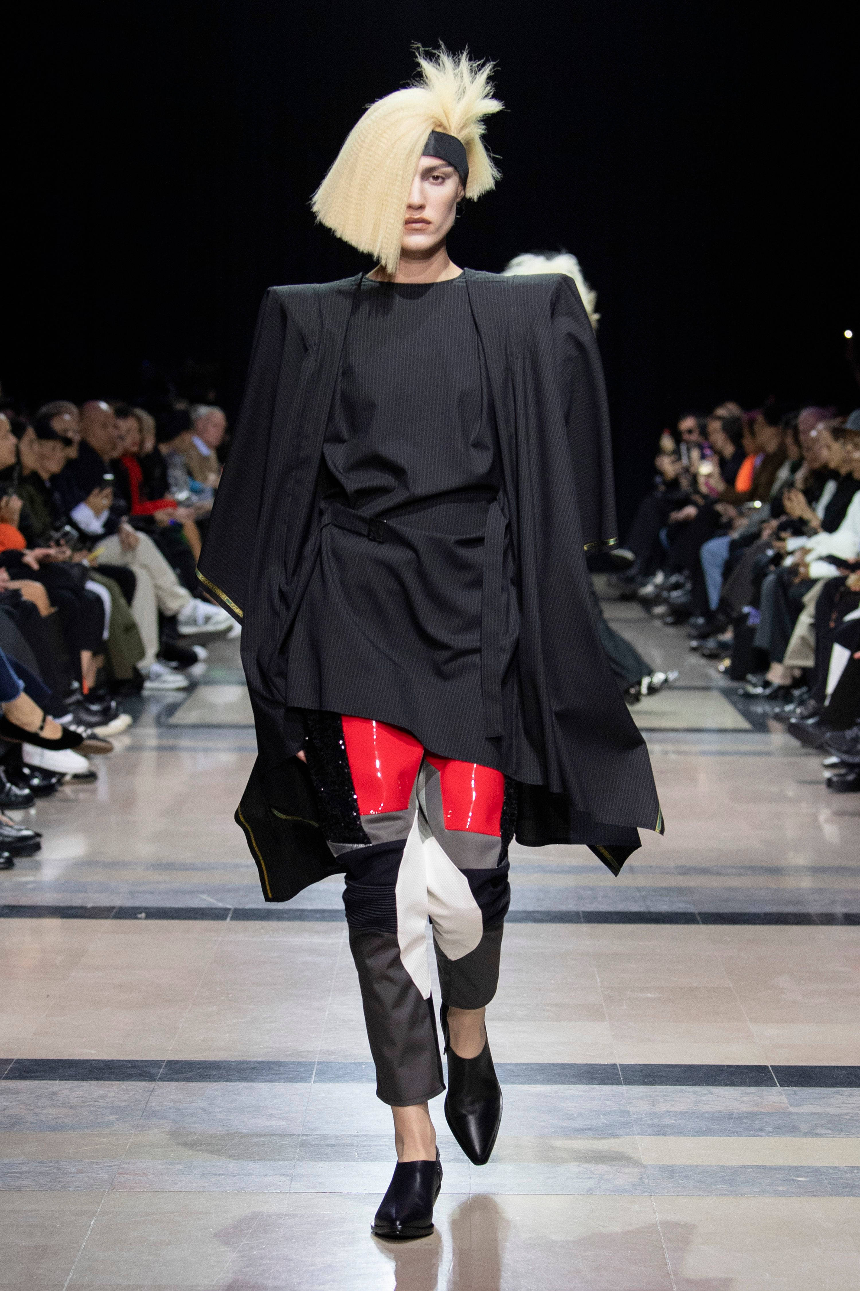 Comme Des Garçons, black pinstripe outfit, red and white accents, 4K Phone Wallpaper