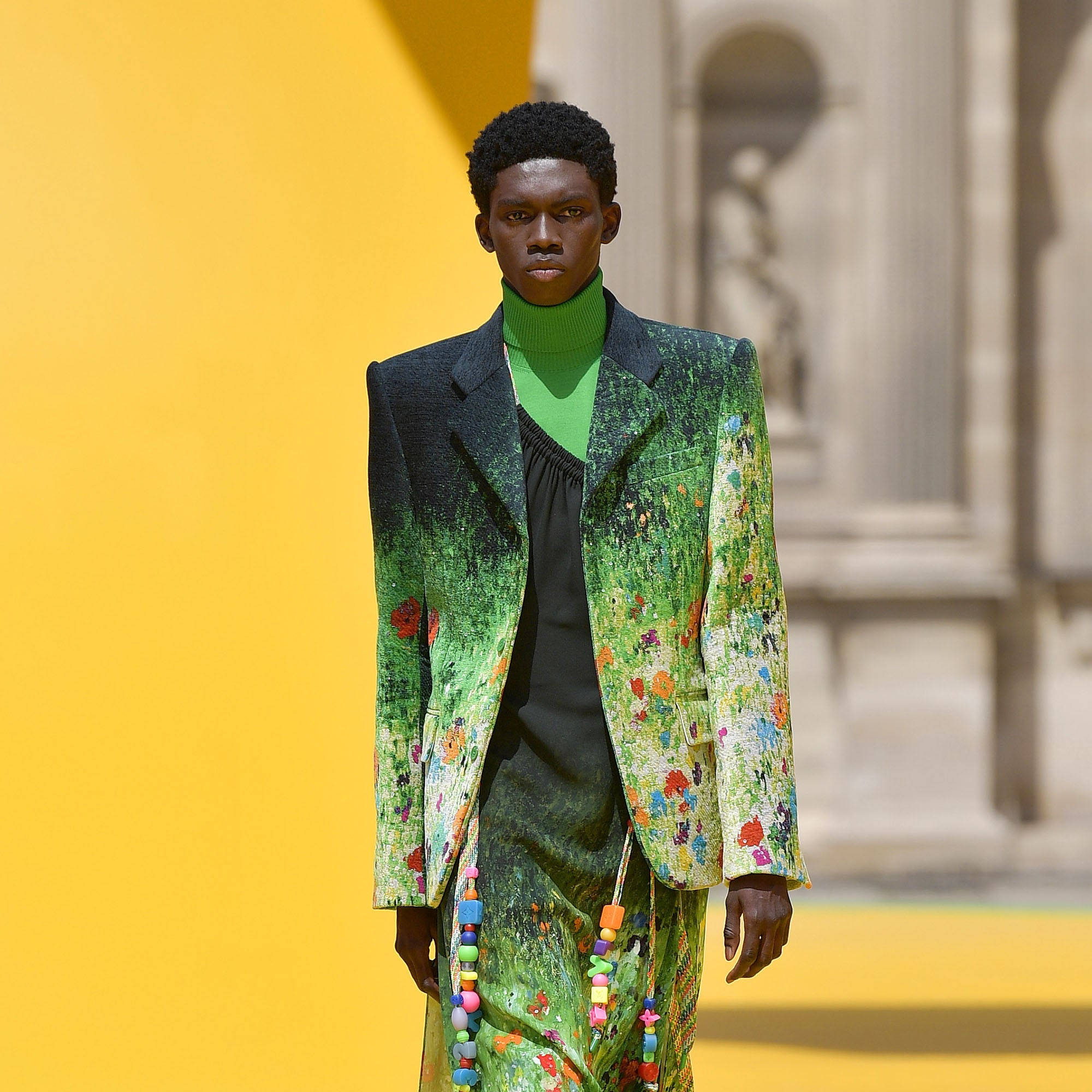 Comme Des Garçons, green floral suit, vibrant floral-patterned green suit, Full HD Desktop Wallpaper