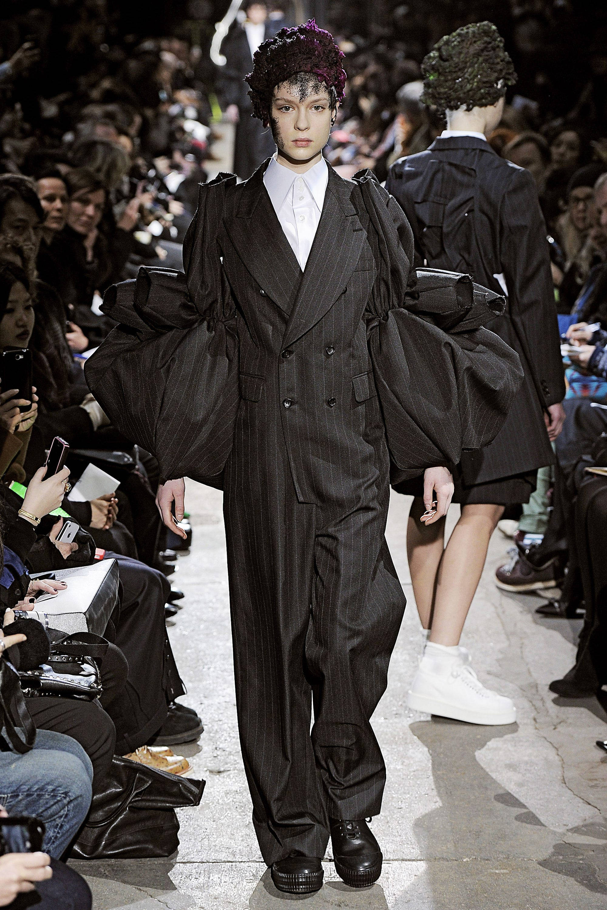 Comme Des Garçons, black puffed blazer, pinstripe suit, 2K Phone Wallpaper