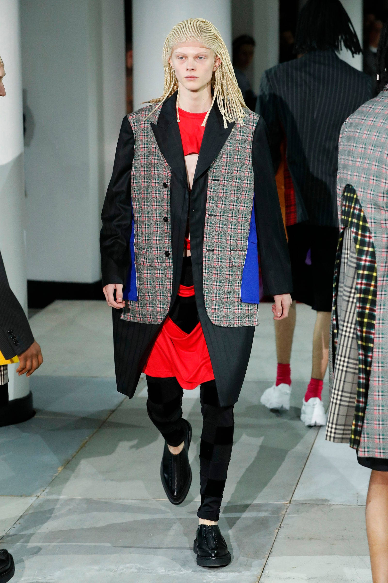 Comme Des Garçons, plaid vest, blonde braids, Full HD Phone Wallpaper