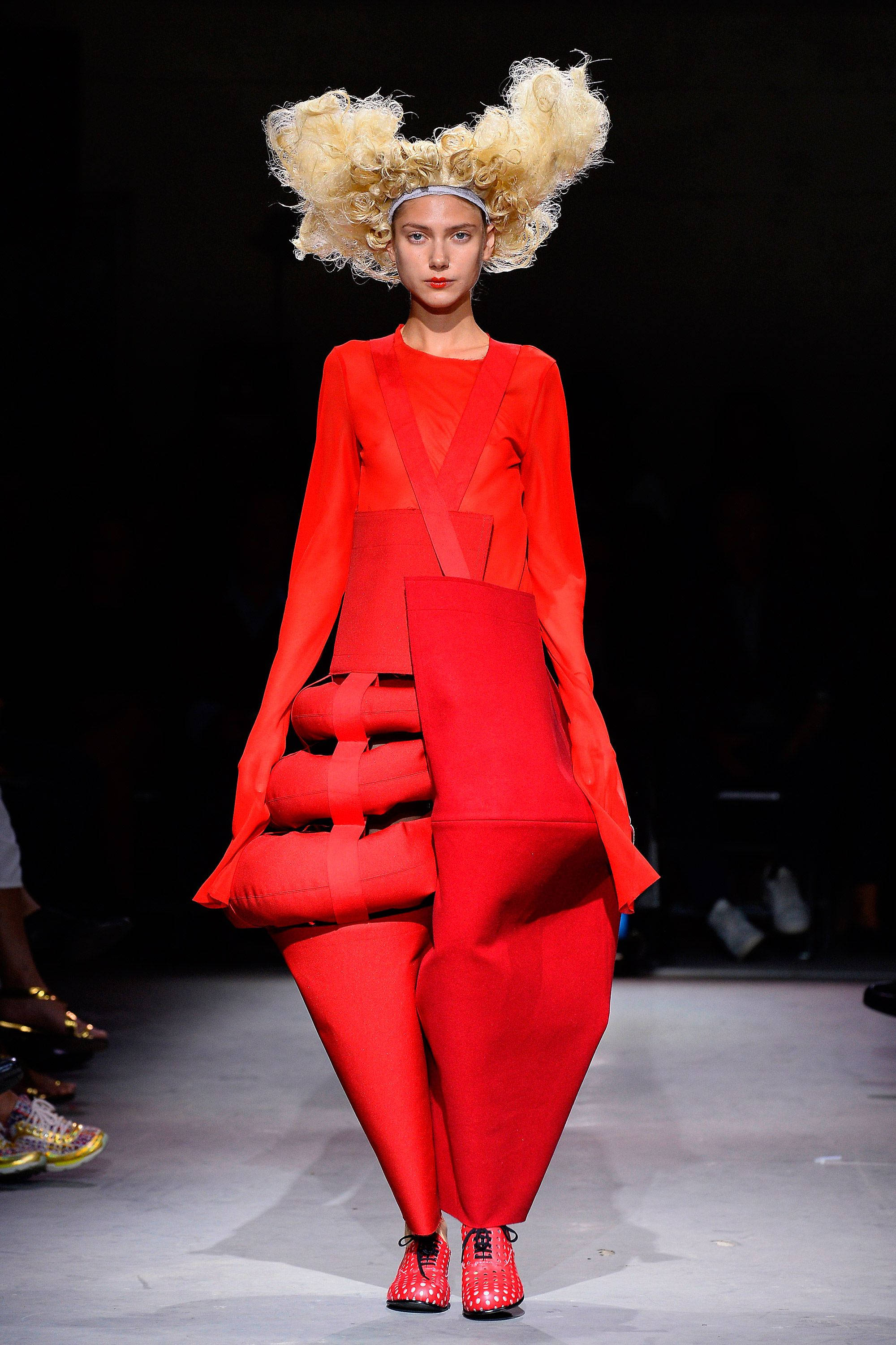 Comme Des Garçons, red irregular-shaped dress, bold red avant-garde outfit, 2K Phone Wallpaper