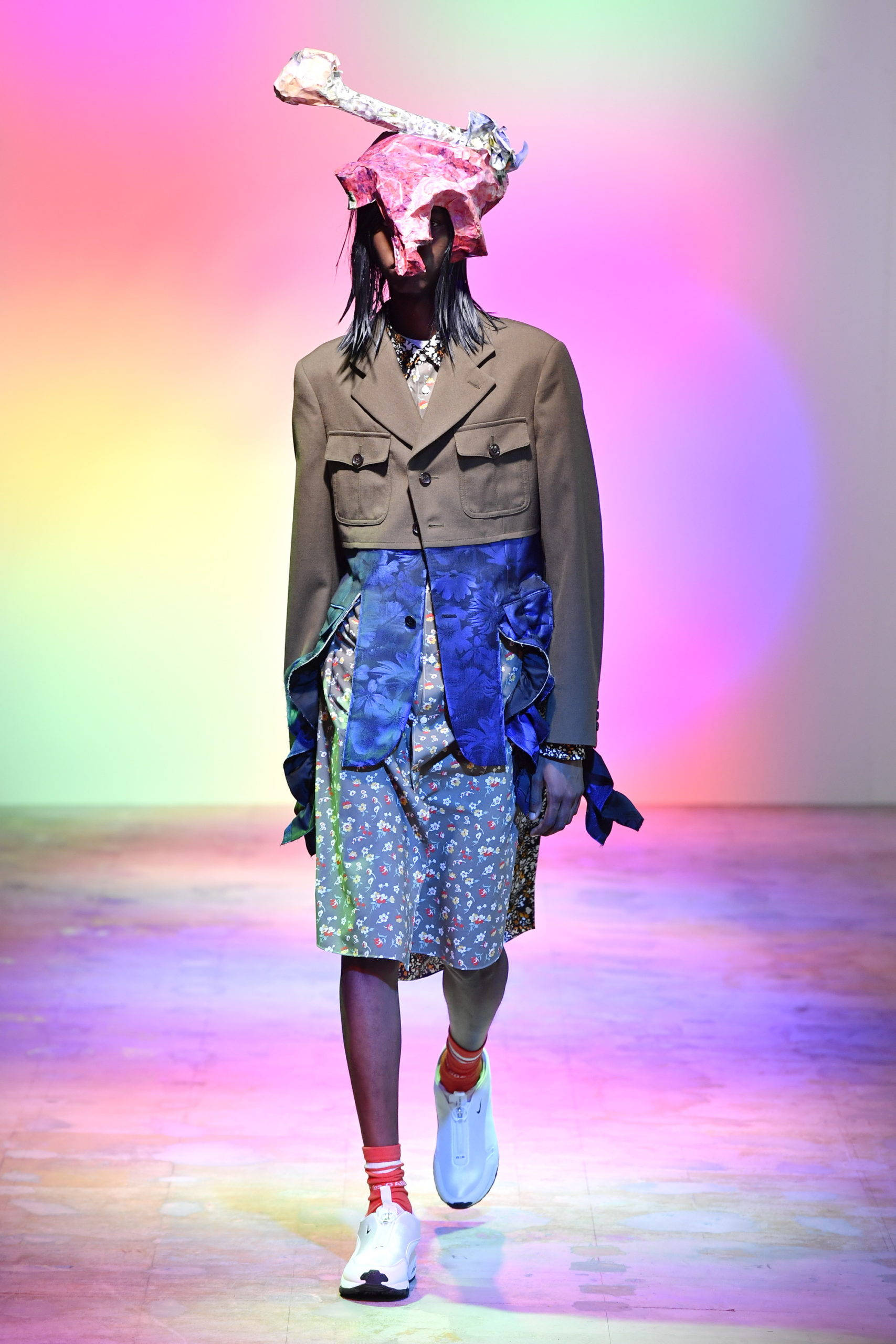 Comme Des Garçons, layered outfit, colorful skull headpiece, 2K Phone Wallpaper