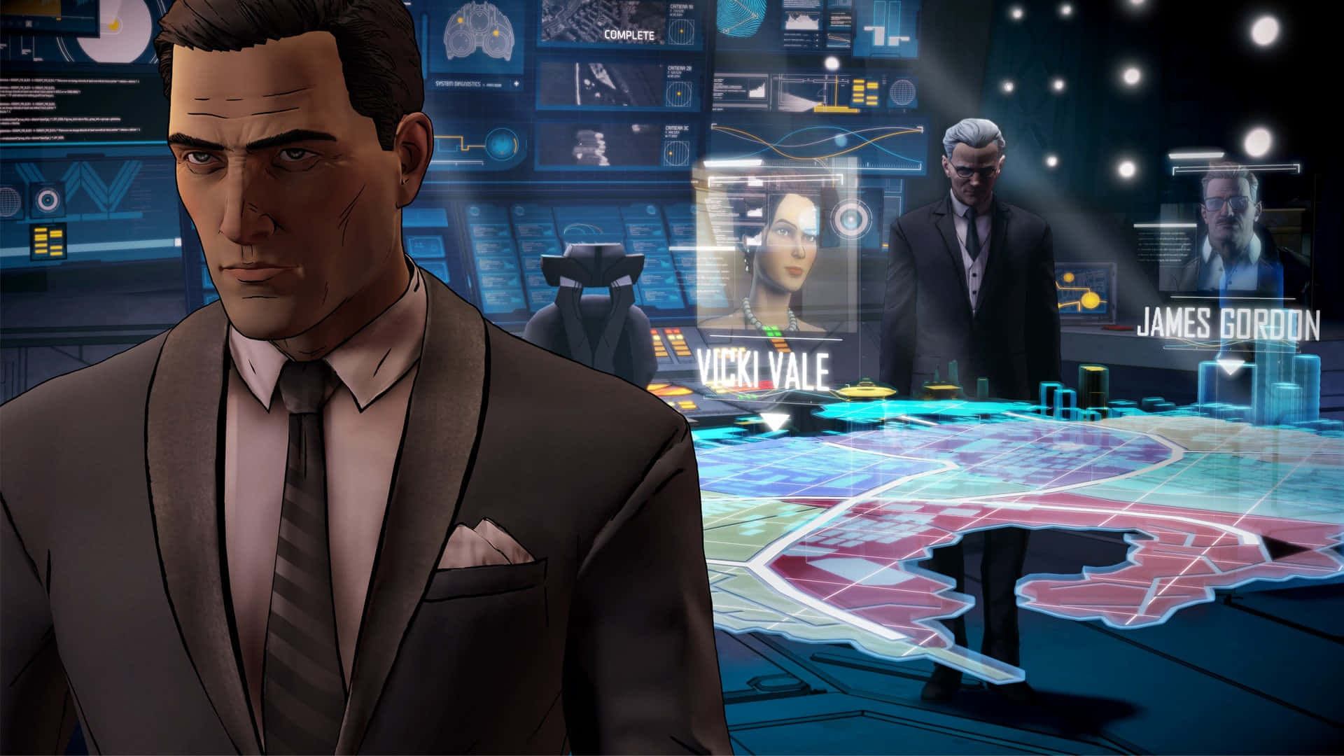 Commissioner Gordon, holographic command center, glowing, Full HD Desktop Wallpaper