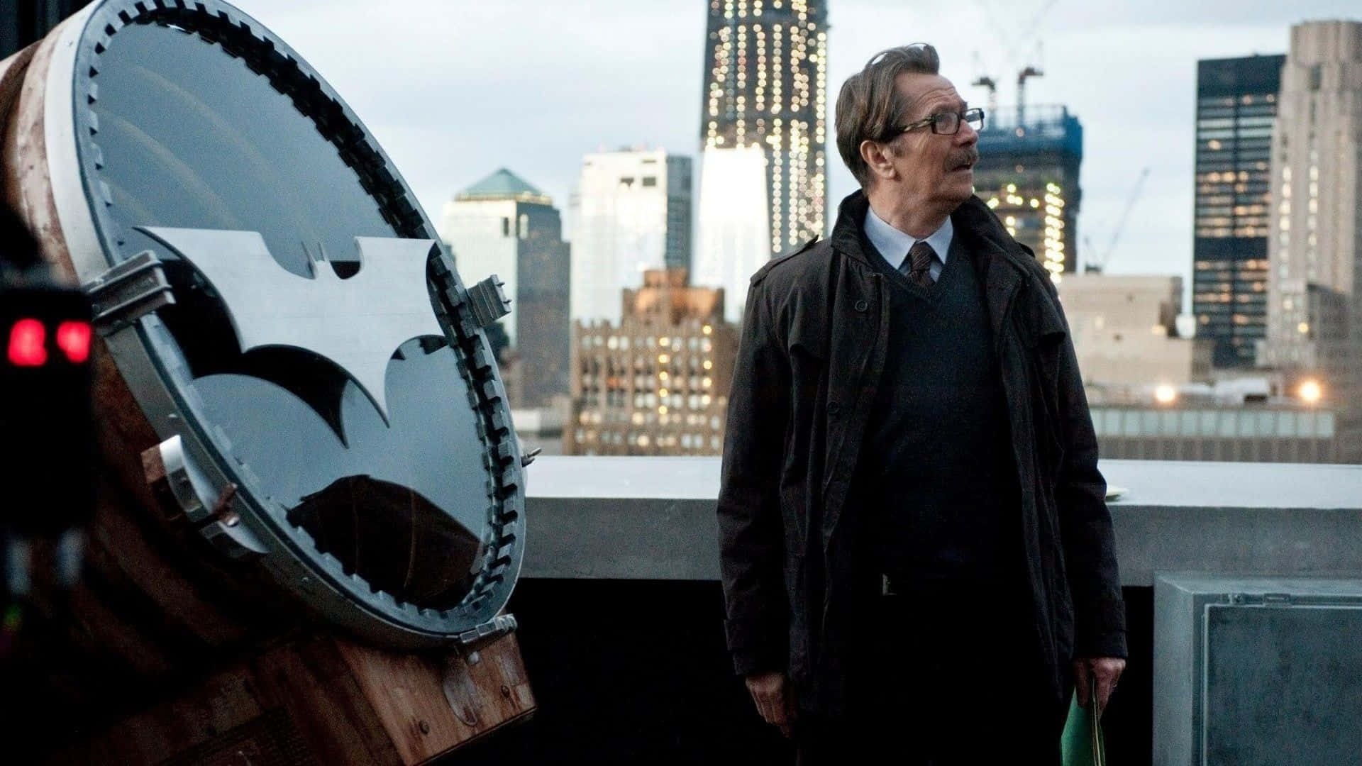 Commissioner Gordon, dark coat, metallic bat symbol, Full HD Desktop Wallpaper