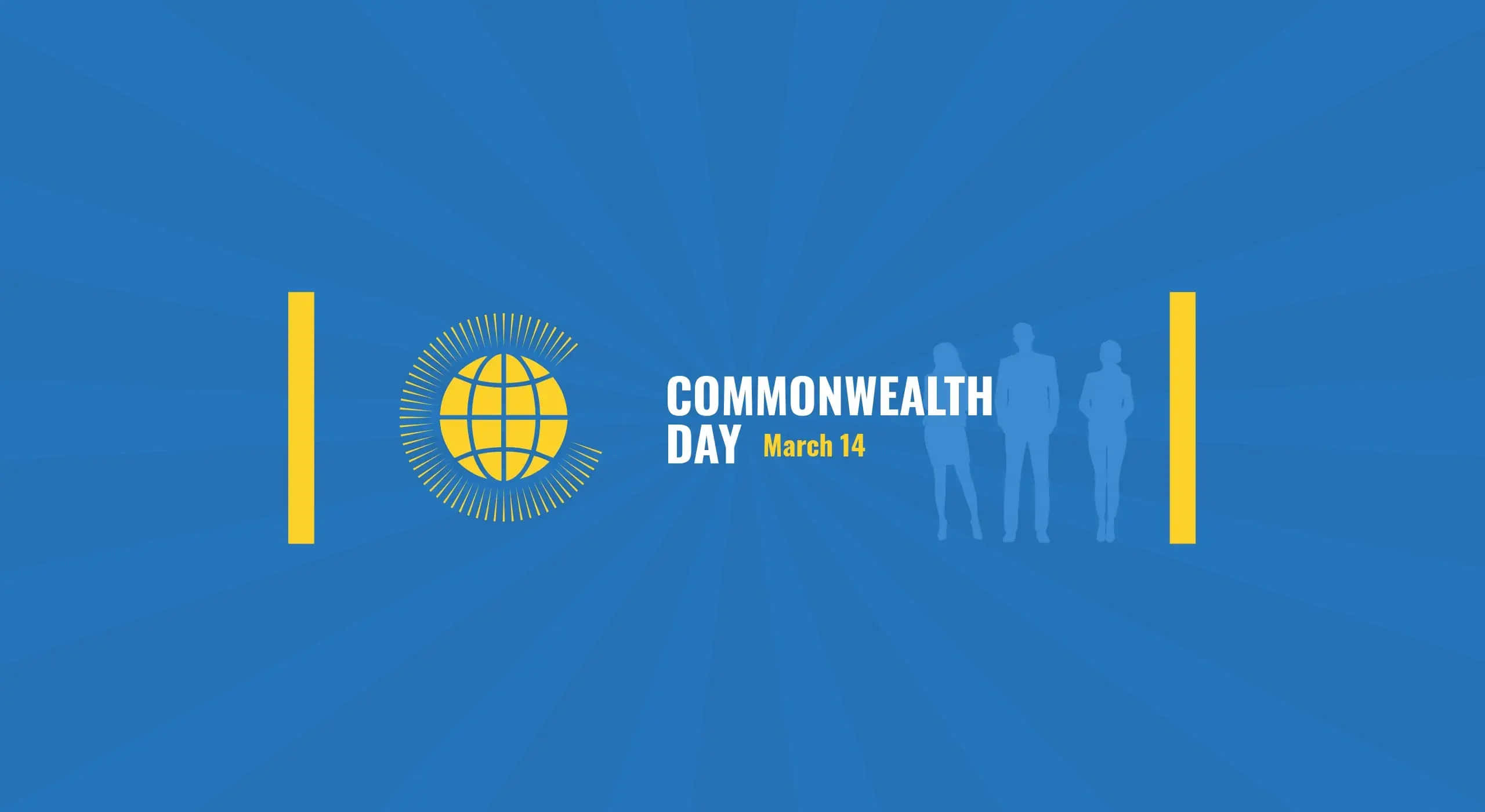 Commonwealth Day, blue background, yellow globe logo, 2K Desktop Wallpaper
