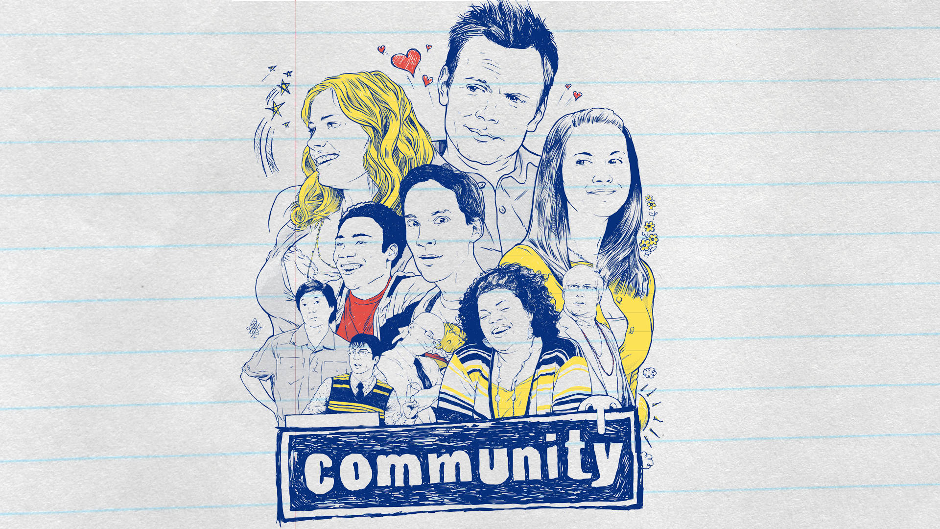 Community, lined notebook paper, hearts, Full HD Desktop Wallpaper