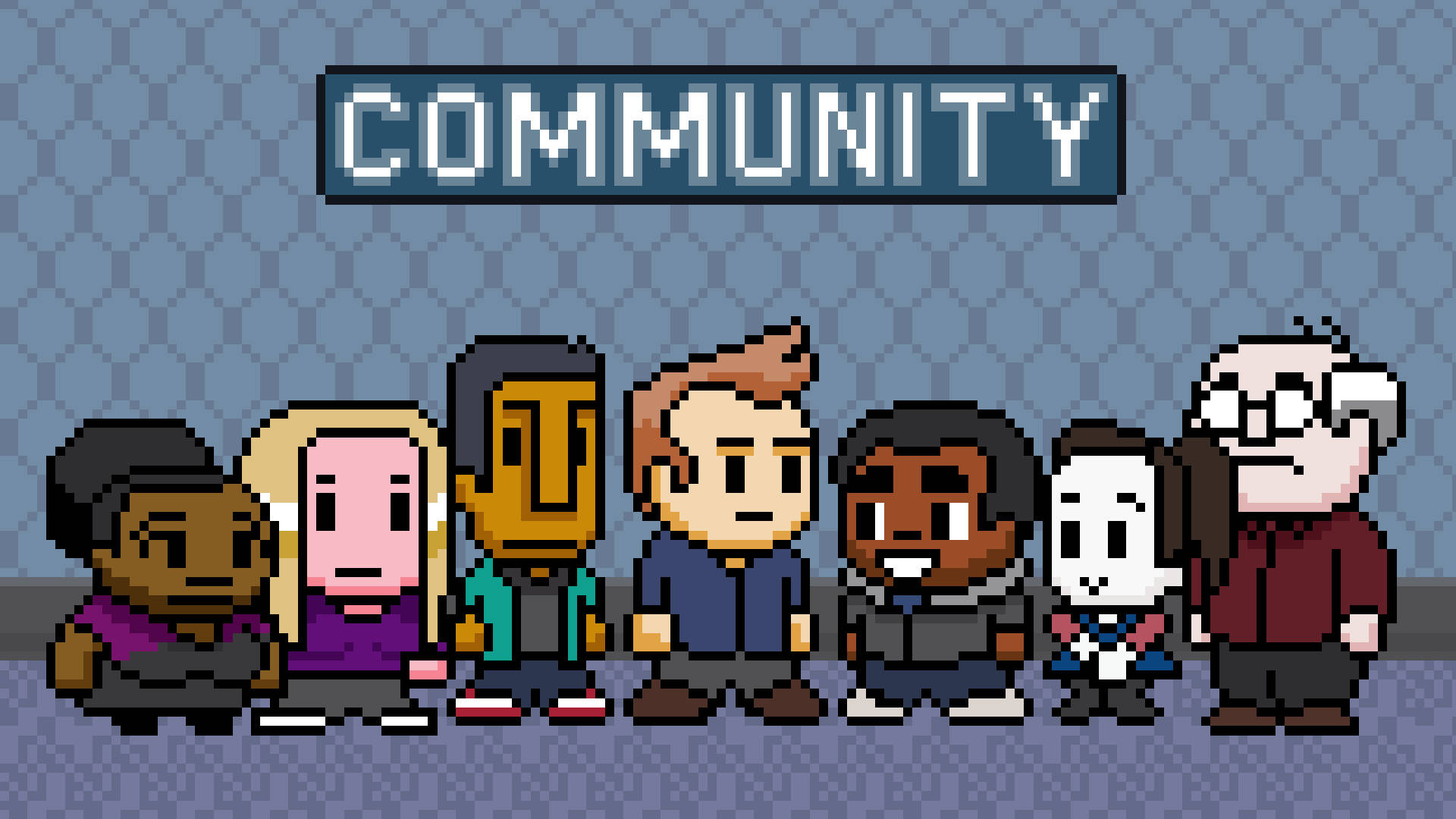 Community, pixel-art, blue patterned wall, Full HD Desktop Wallpaper