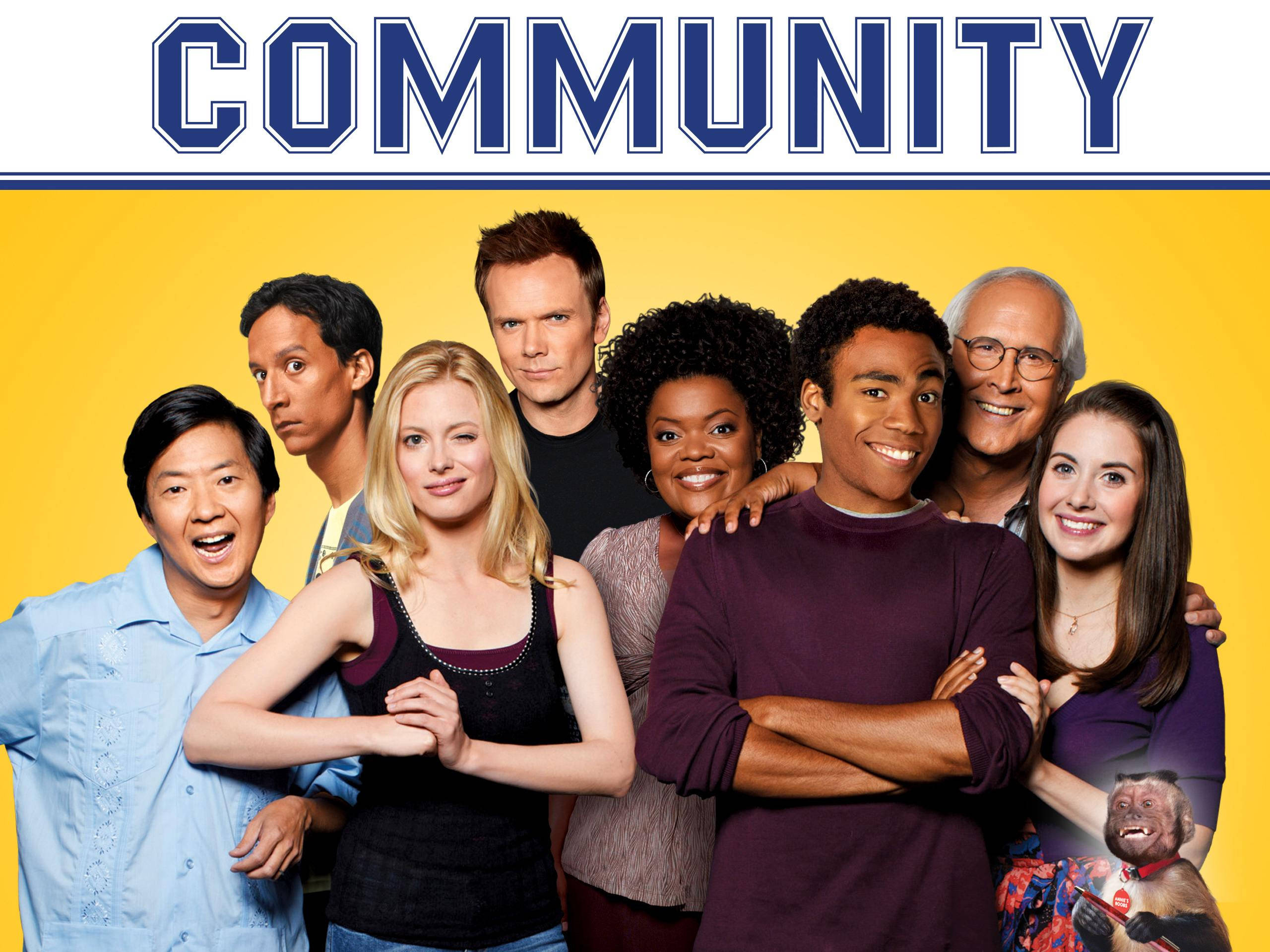Community, monkey, bright yellow background, 2K Desktop Wallpaper