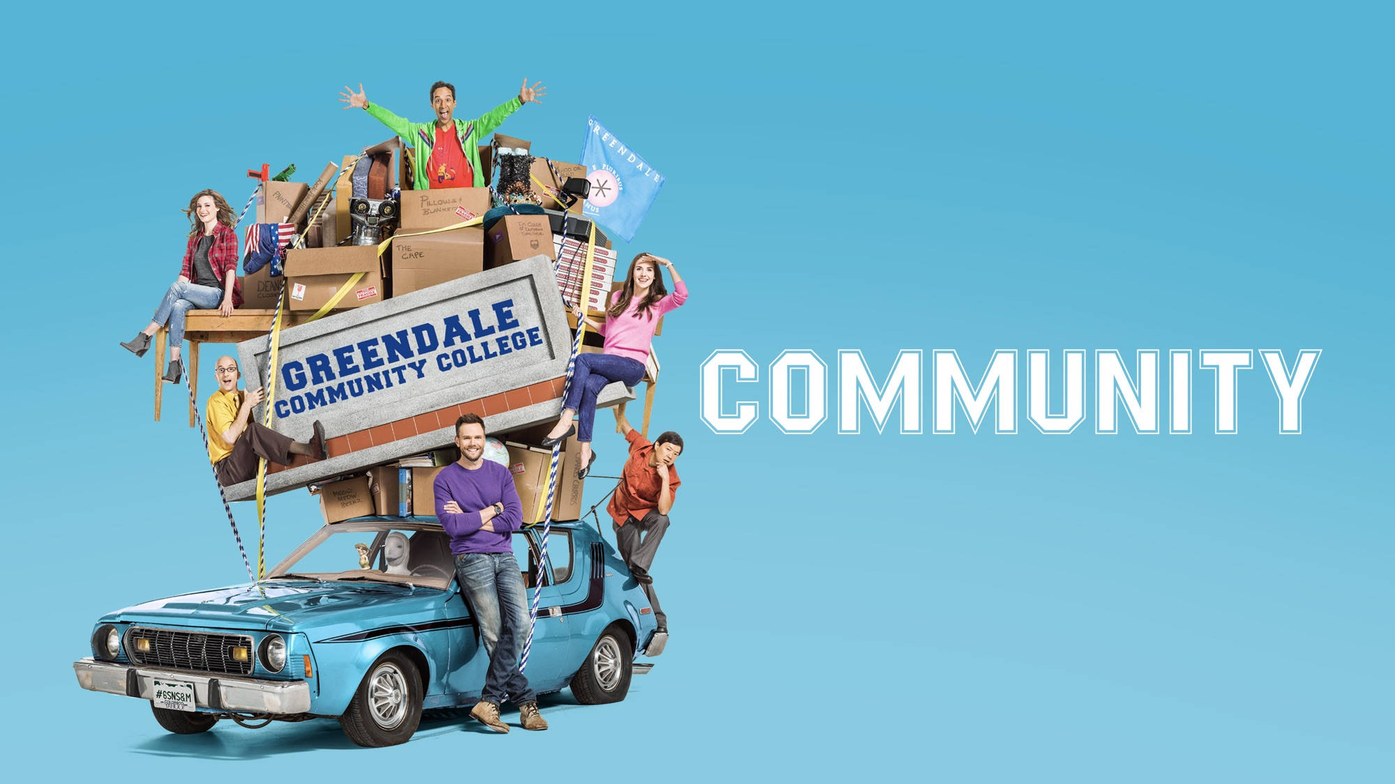 Community, blue car, boxes, Full HD Desktop Wallpaper