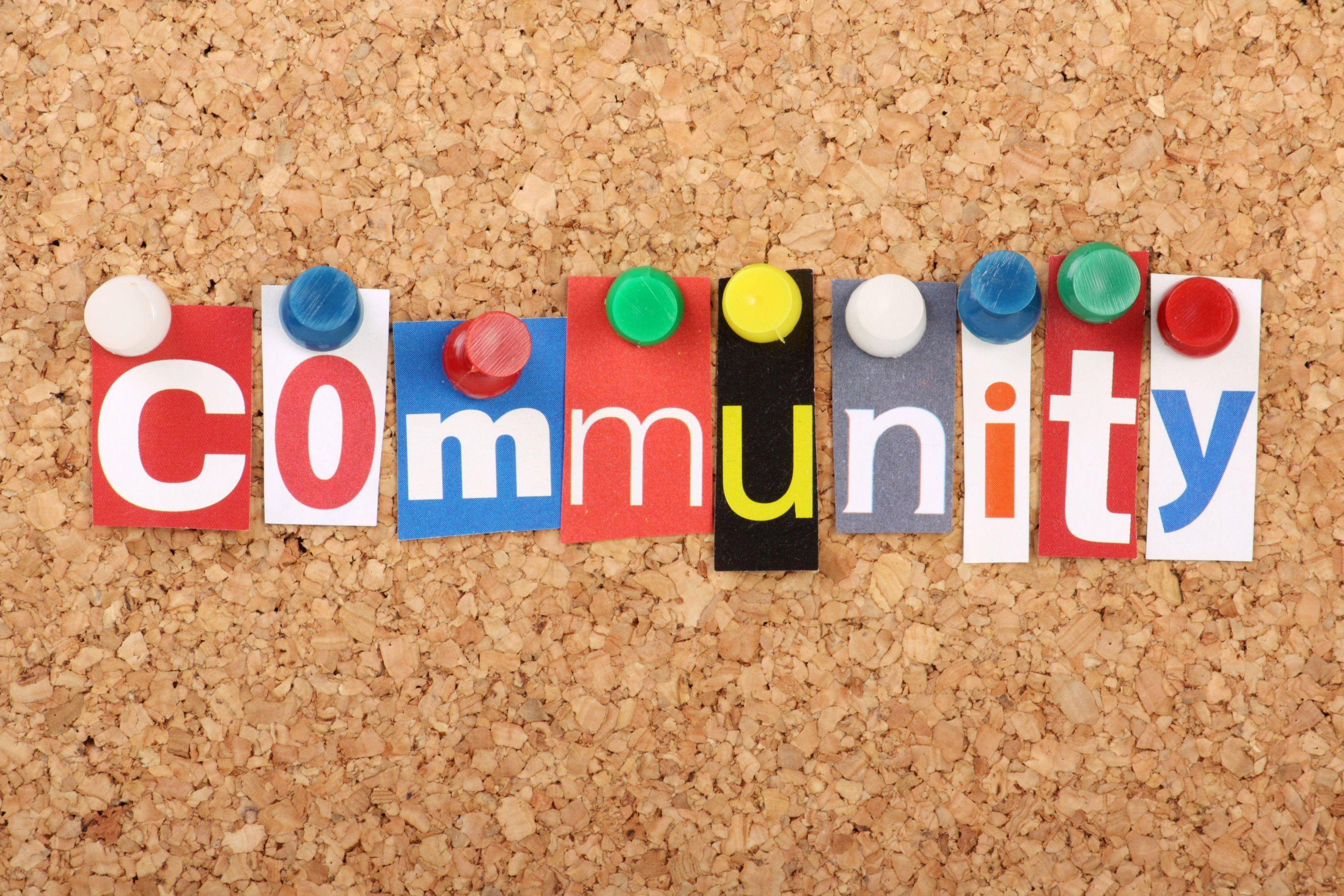 Community, corkboard, colorful cutout letters, 4K Desktop Wallpaper