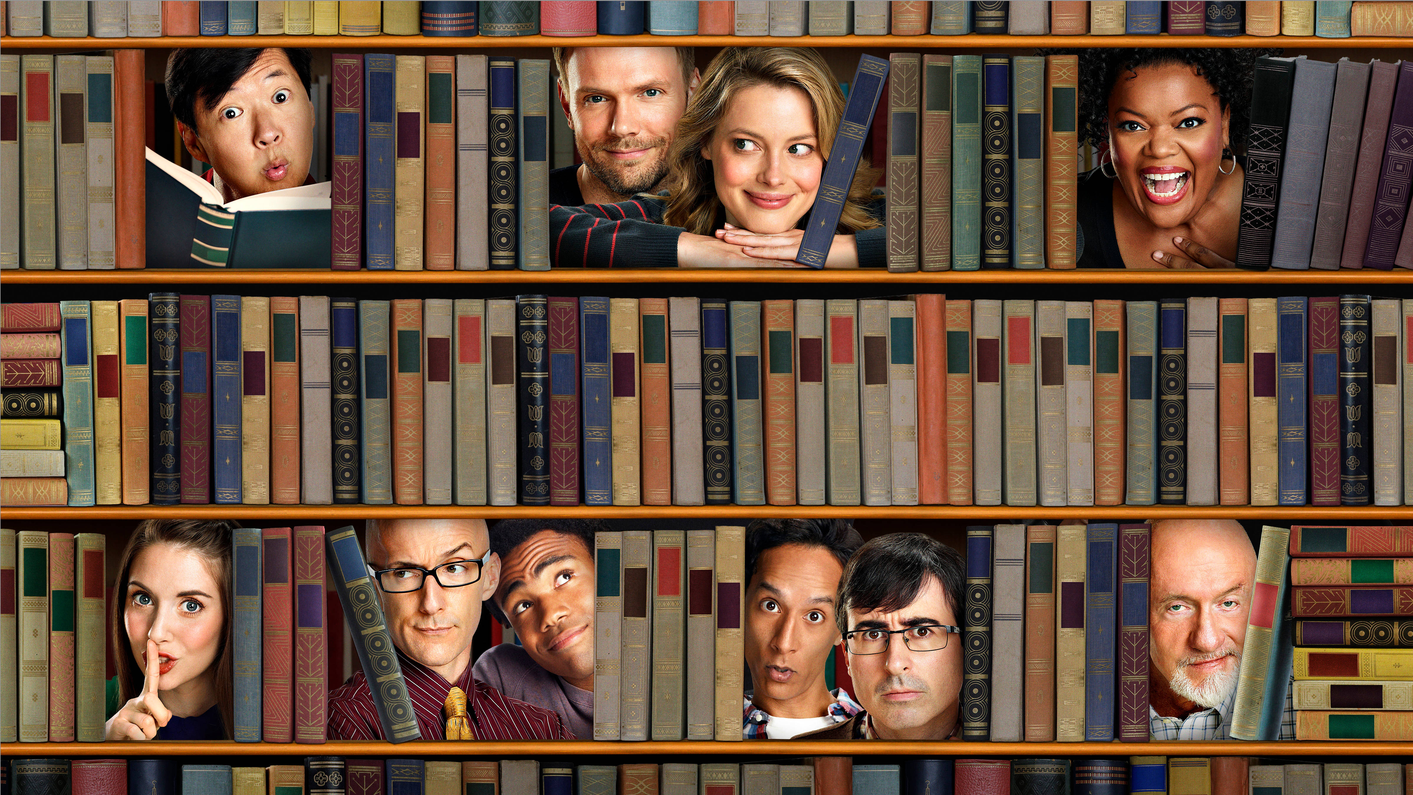Community, bookshelves, vintage books, 4K Desktop Wallpaper