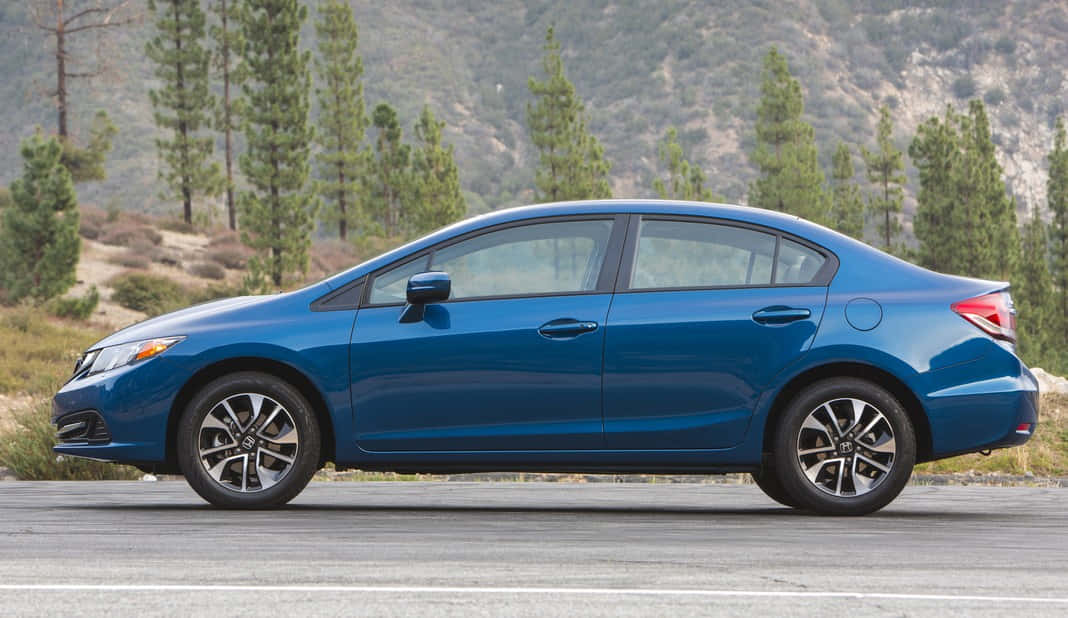 blue sedan, asphalt road, pine trees, SD Desktop Wallpaper