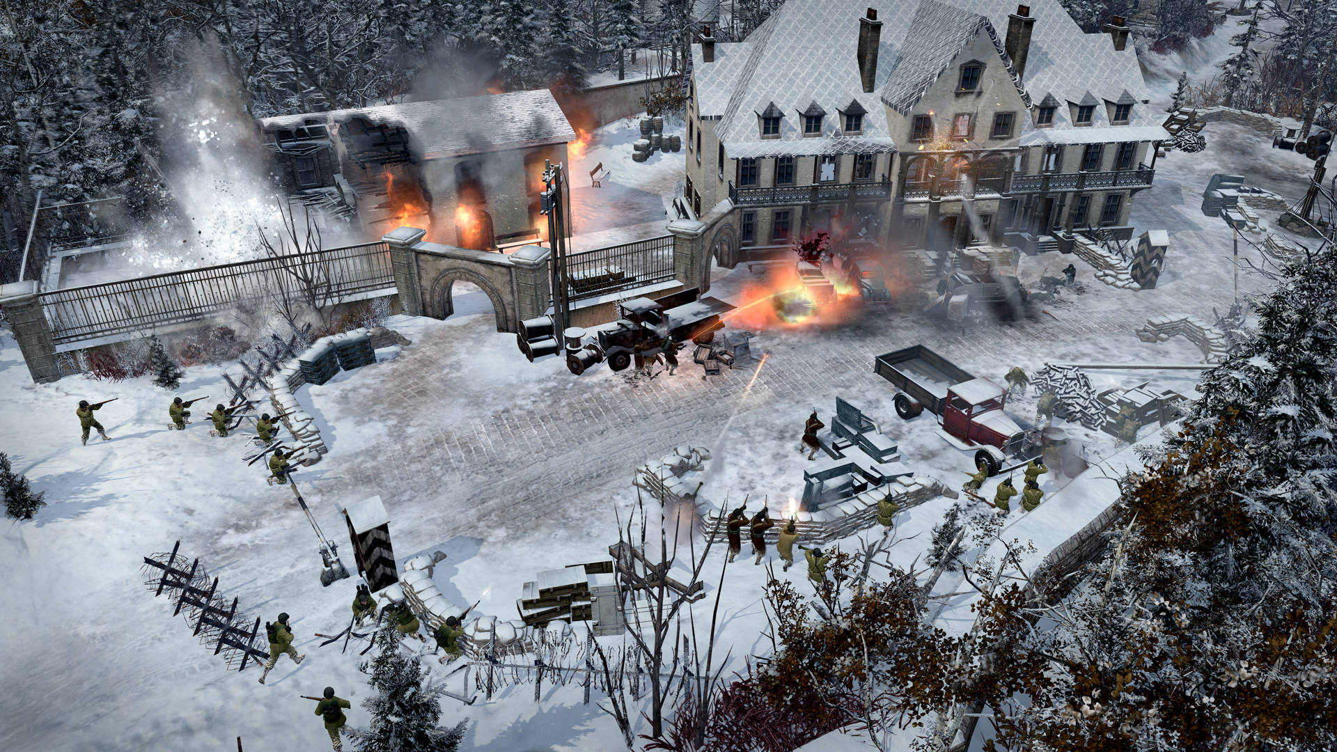Company Of Heroes 2, snow-covered village, burning buildings, Full HD Desktop Wallpaper