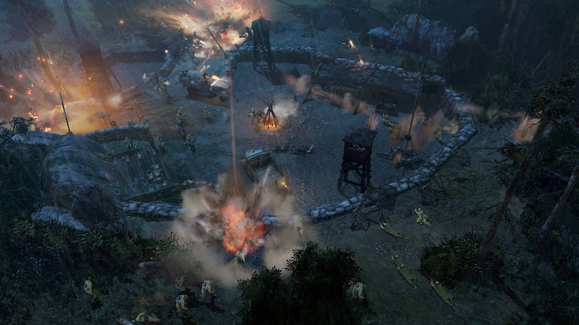 Company Of Heroes 2, night combat, fortified camp, Full HD Desktop Wallpaper