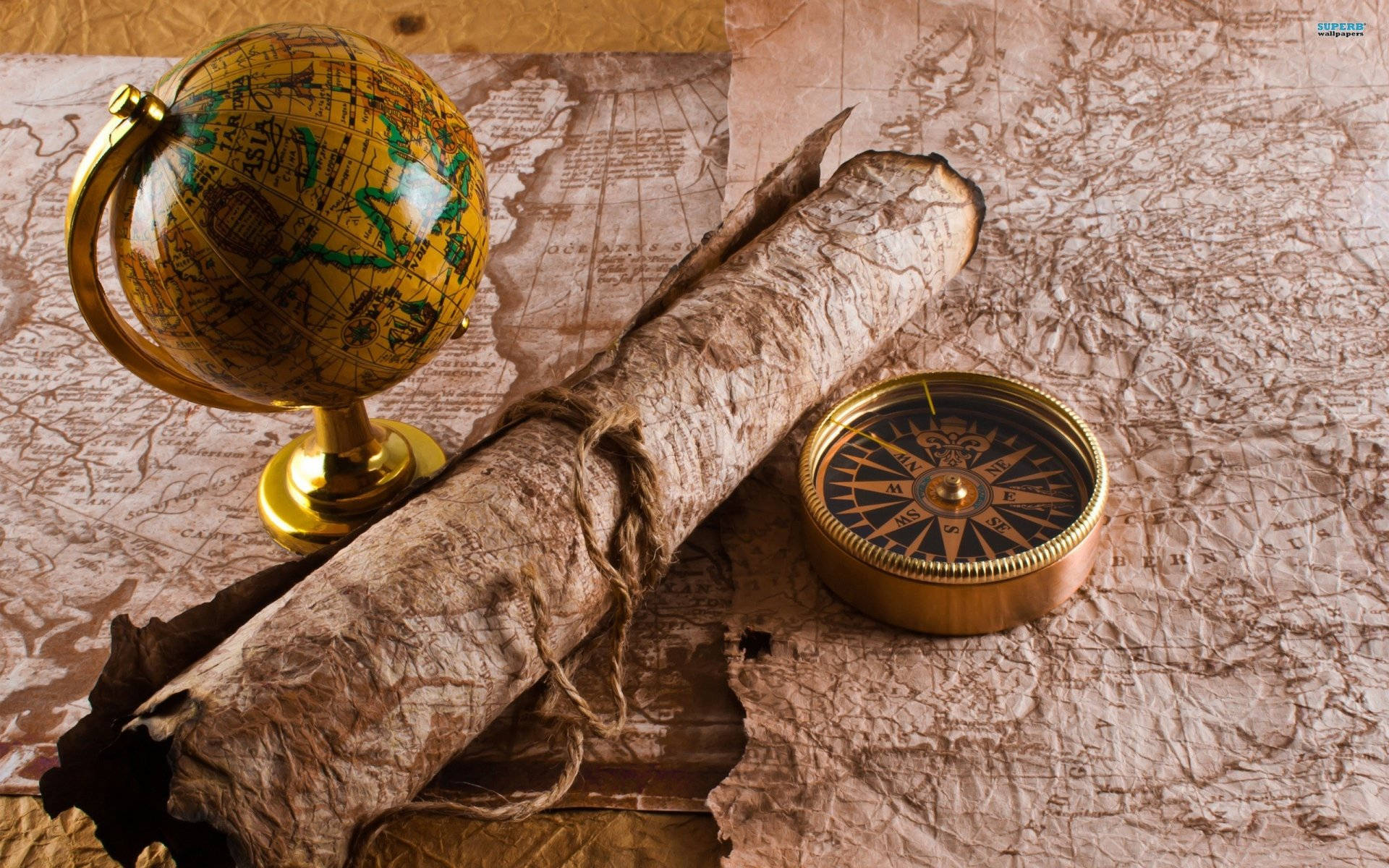 vintage brass globe compass, rolled parchment map, aged world map, Full HD Desktop Wallpaper
