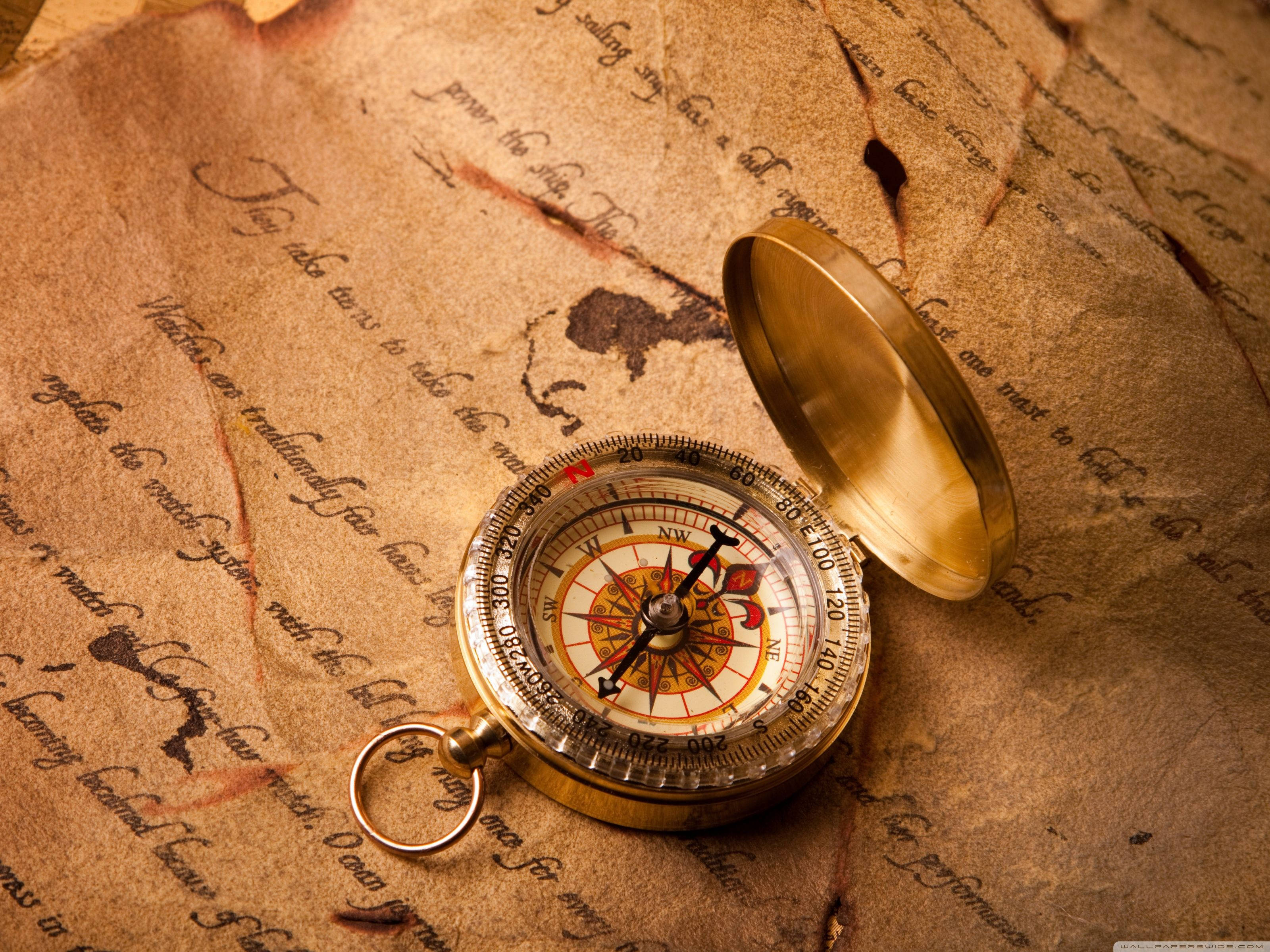 brass compass, aged parchment map, faded inked script, 2K Desktop Wallpaper