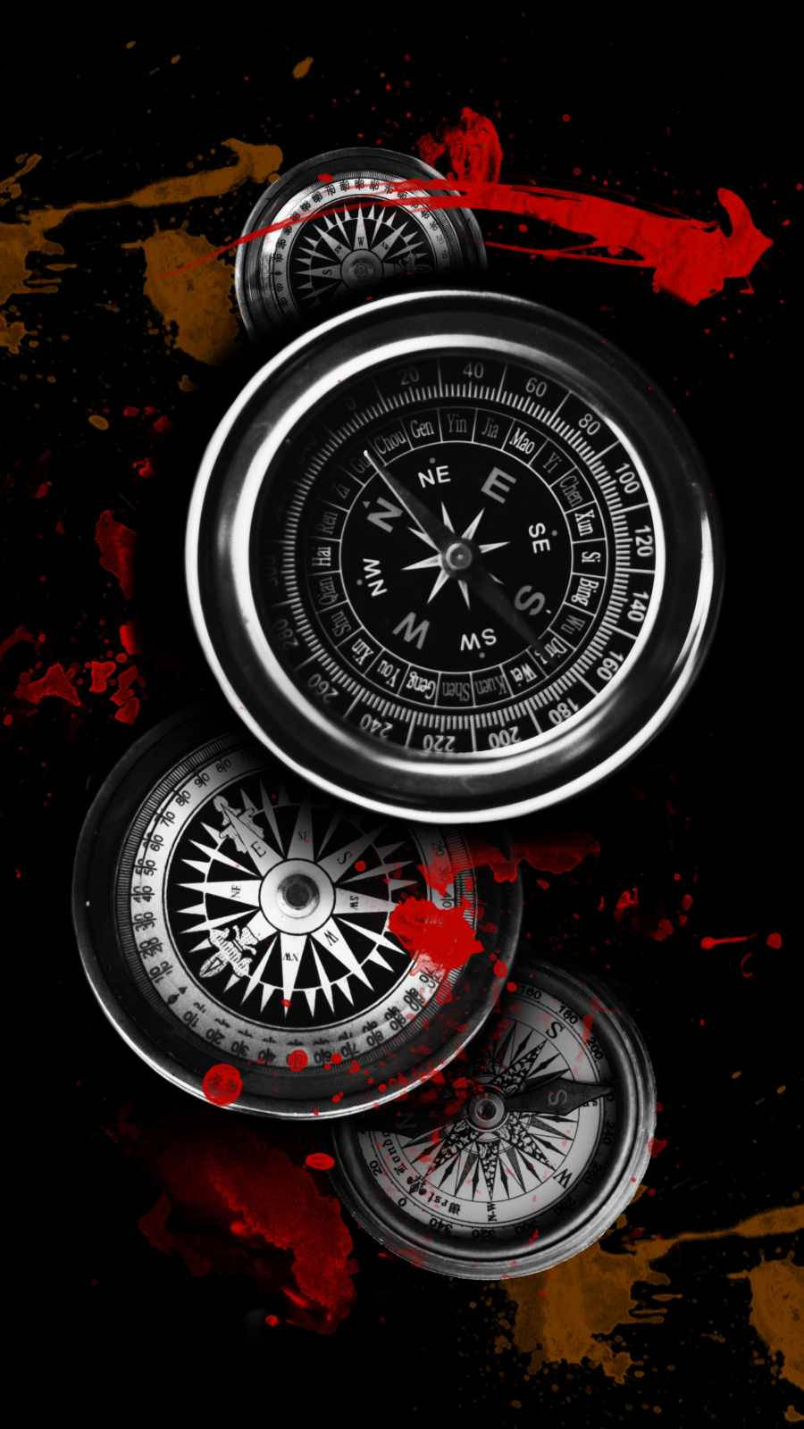 Compass, red splatter, black background, HD Phone Wallpaper