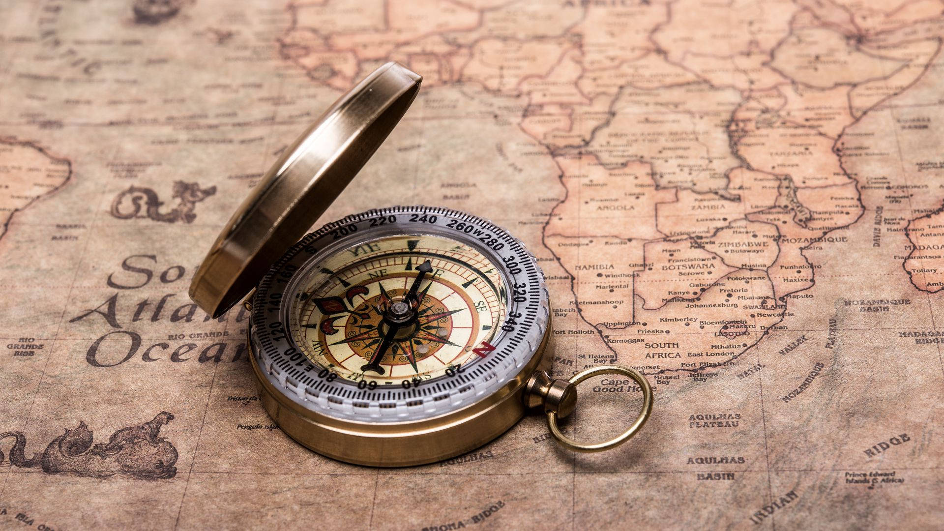 brass compass, antique world map, sepia tones, Full HD Desktop Wallpaper