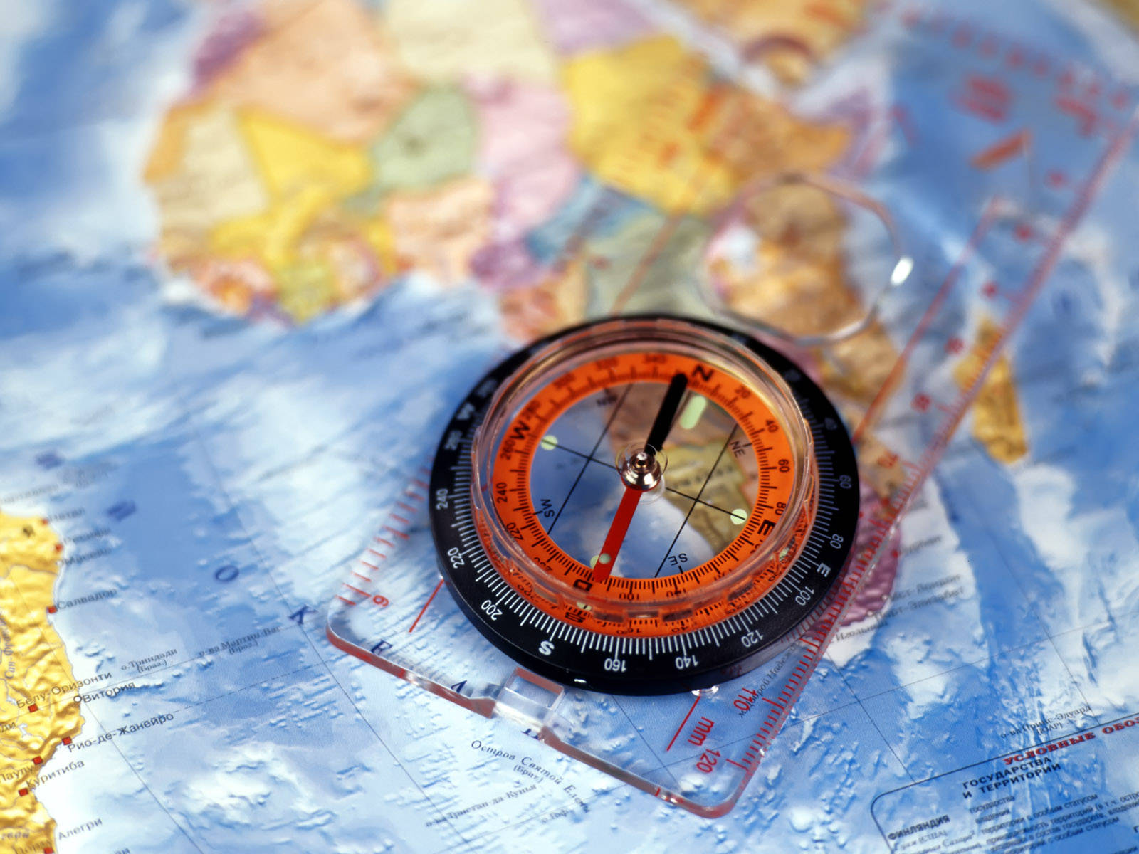 transparent plastic compass, orange and black compass, colorful world map, HD Desktop Wallpaper