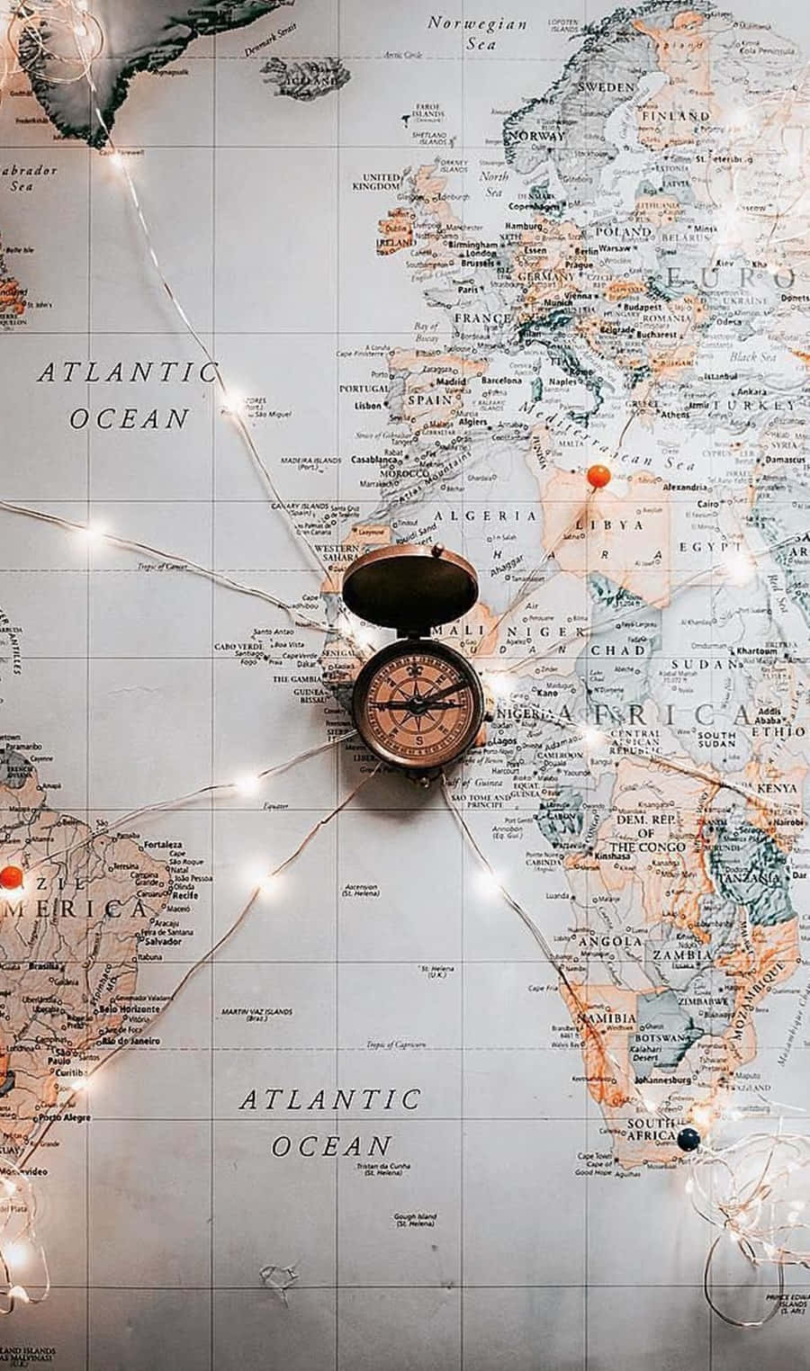 vintage compass, world map, delicate string lights, HD Phone Wallpaper