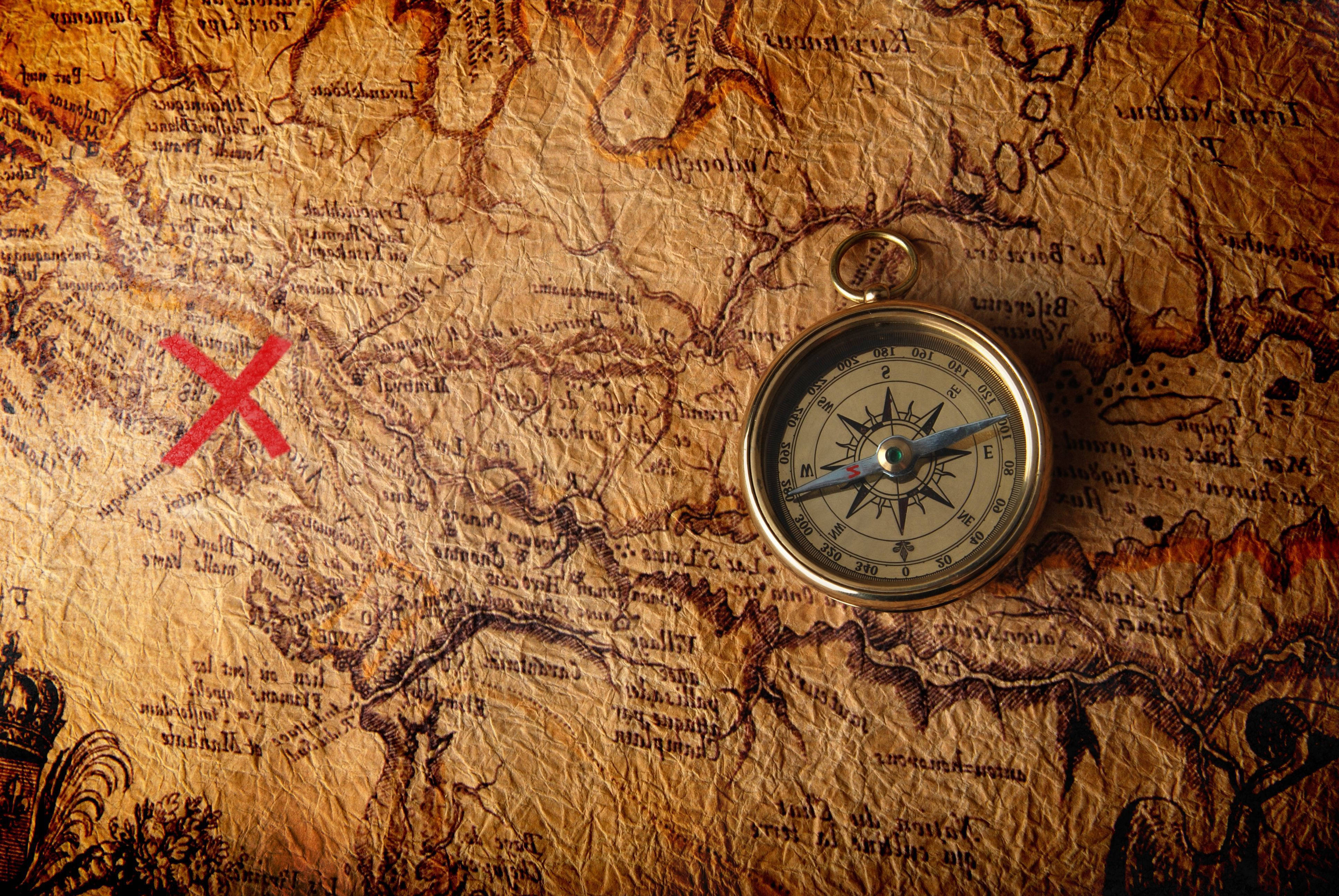 vintage brass compass, aged parchment map, red X, 4K Desktop Wallpaper