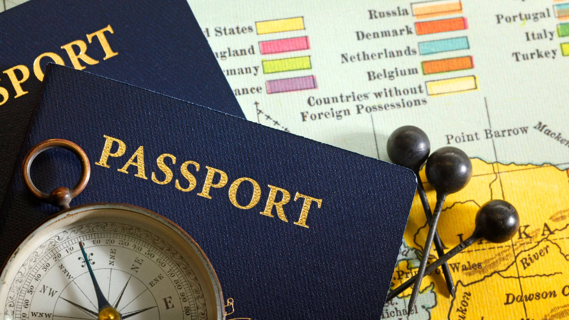 navy passport, gold lettering, colorful world map, Full HD Desktop Wallpaper