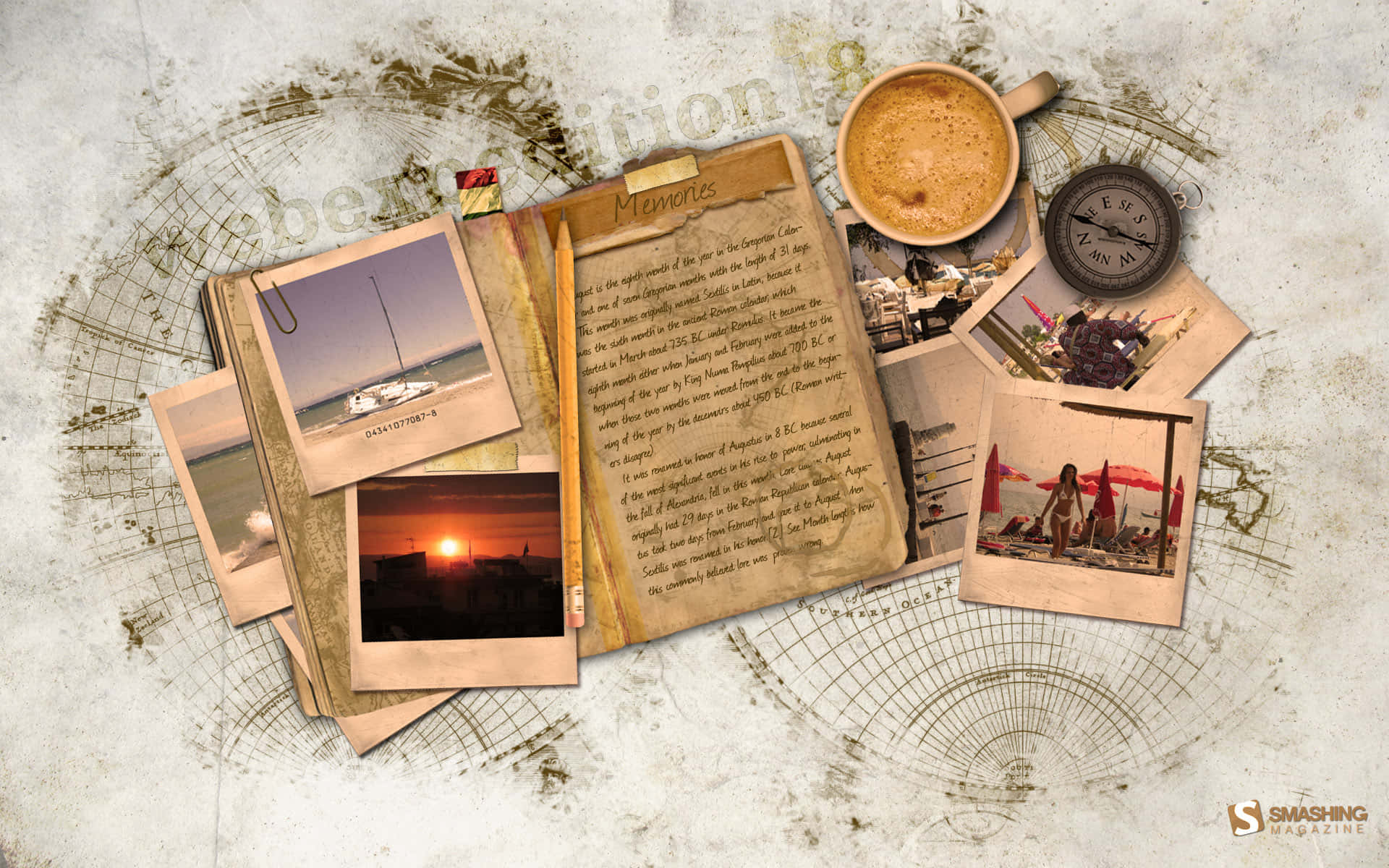 Vintage travel journal, polaroid photos, sailboats, Full HD Desktop Wallpaper