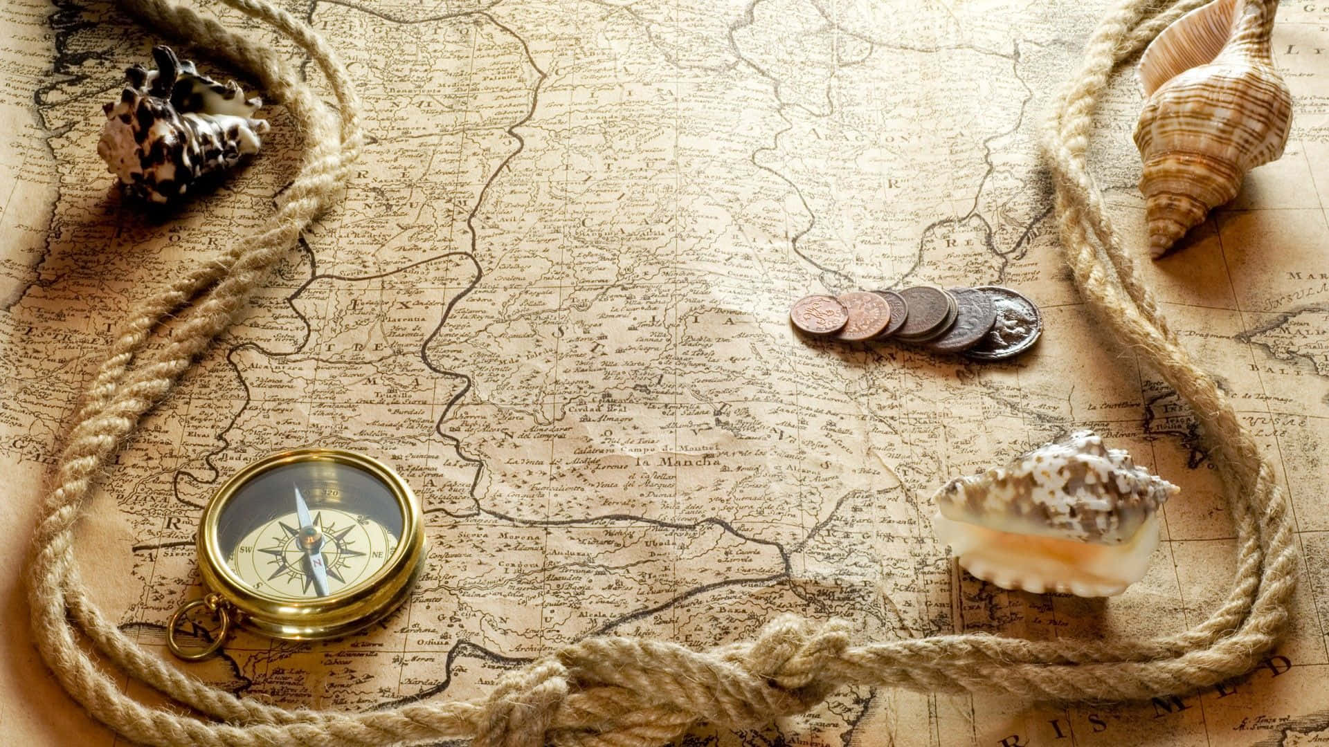 vintage treasure map, rope shells, coins, Full HD Desktop Wallpaper