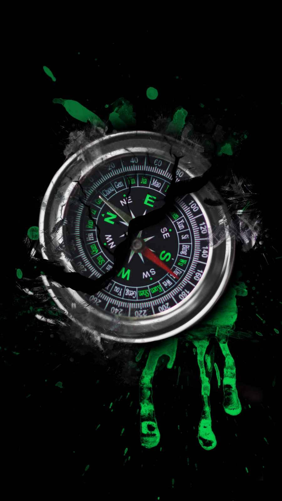 broken metal compass, green paint splatters, drips, HD Phone Wallpaper