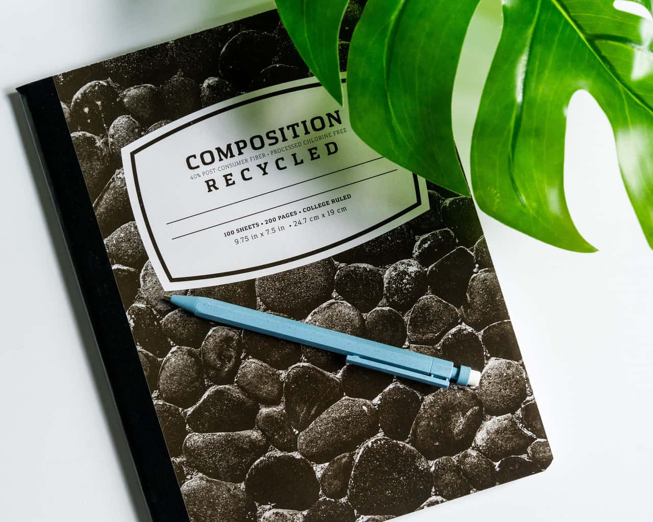 recycled composition notebook, stone texture cover, blue pen, HD Desktop Wallpaper