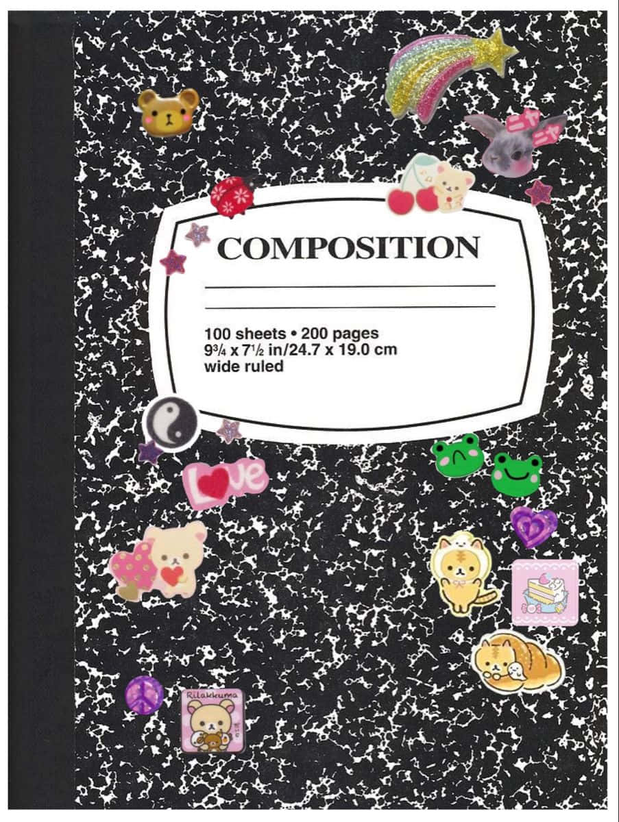 composition notebook, black and white speckled, colorful kawaii stickers, SD Phone Wallpaper