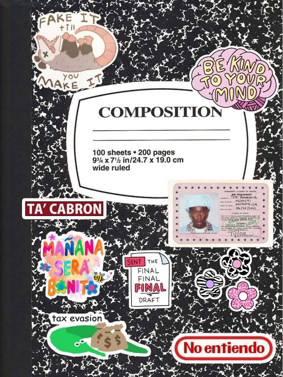composition notebook, black-and-white speckled, colorful stickers, SD Phone Wallpaper