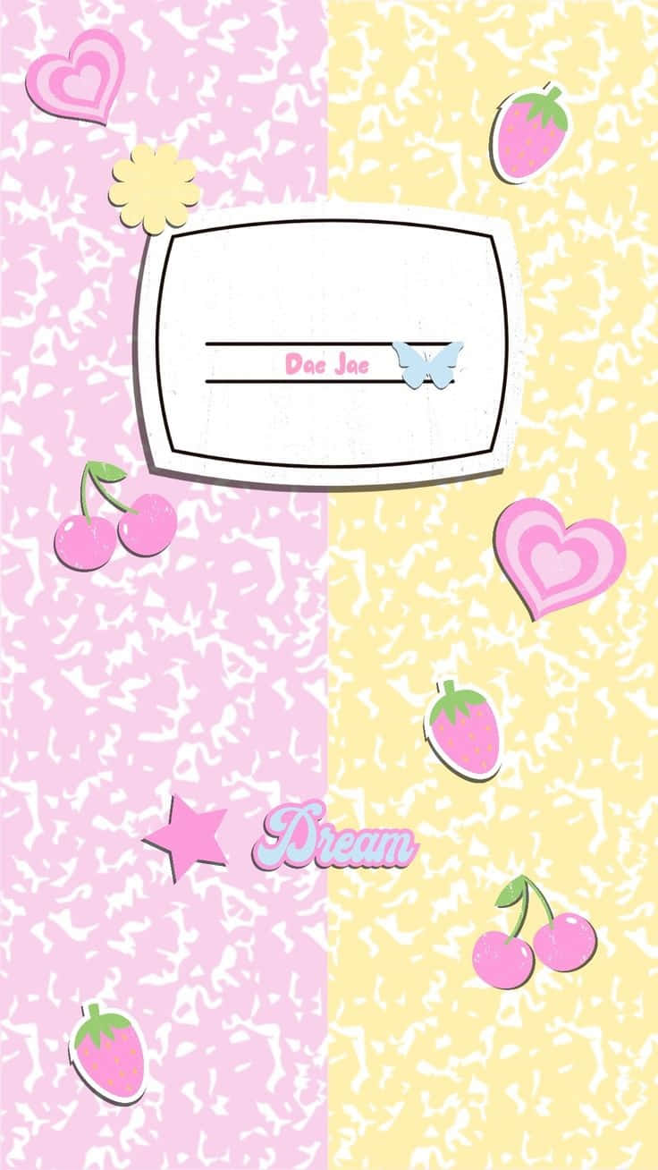 kawaii style, pink and yellow wallpaper, cherry strawberry heart stickers, HD Phone Wallpaper