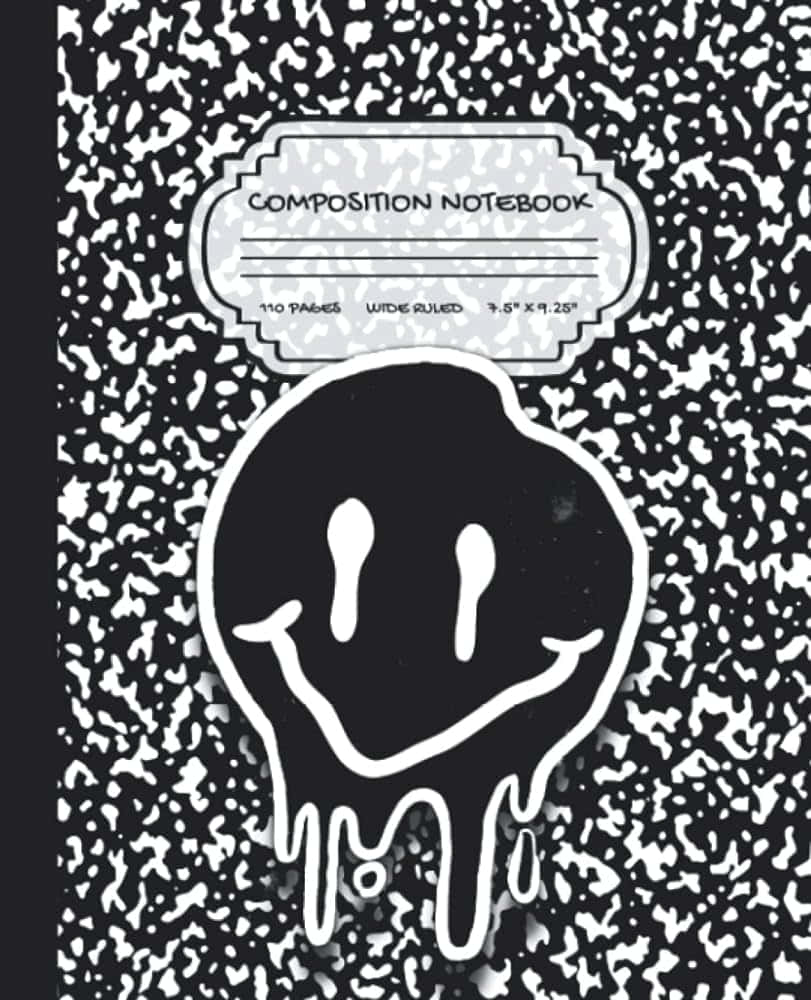 dripping smiley face sticker, black and white speckled composition notebook, dripping smile, SD Phone Wallpaper